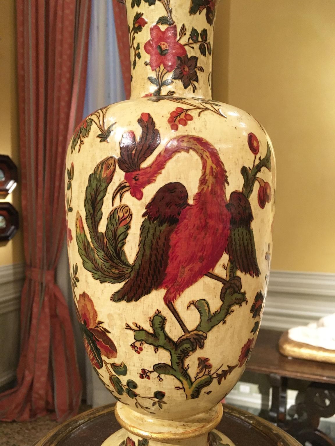 photo vintage Italy Late 18th Century Pair Yellow Lacquered On Silk Wooden Vases With Flowers