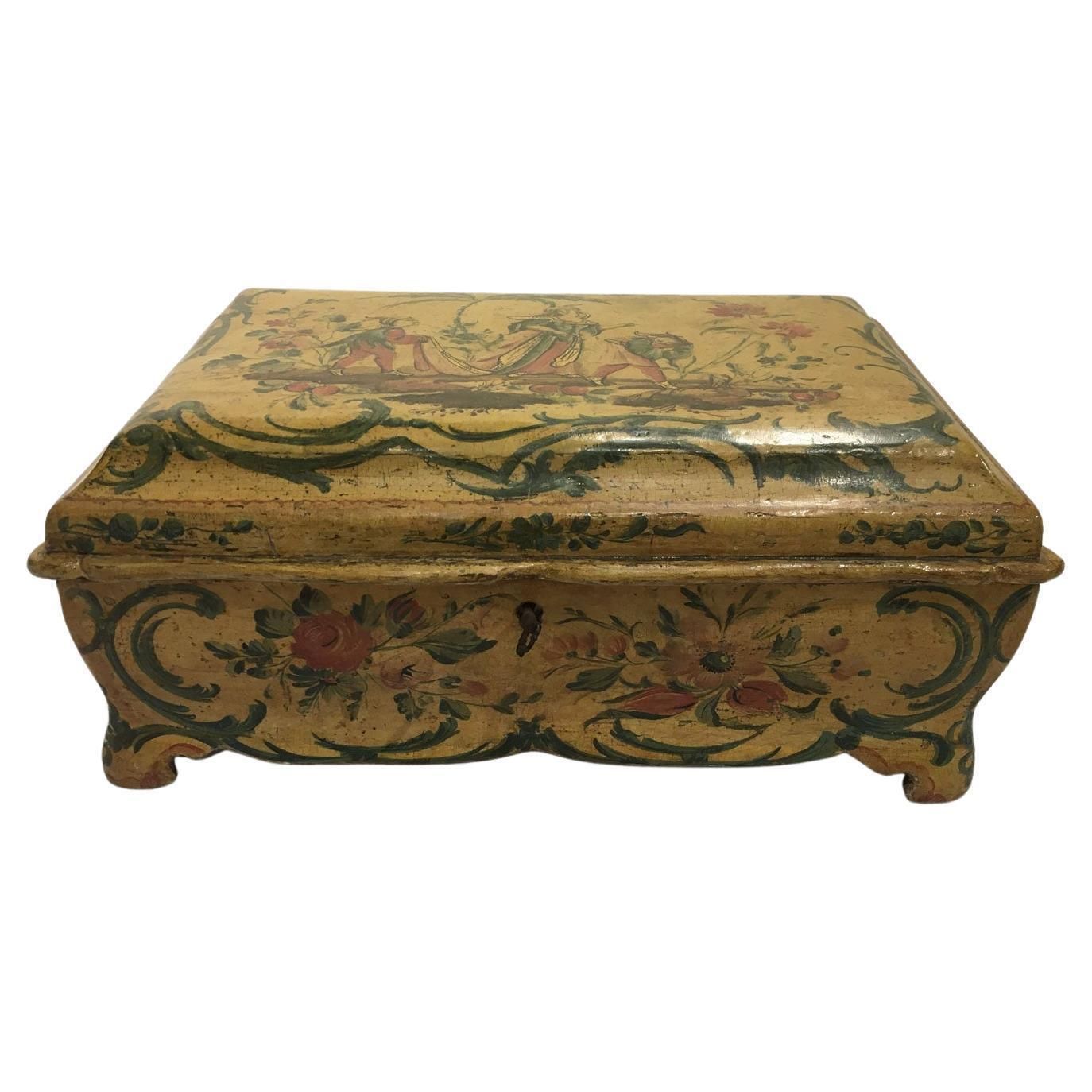 1750 Venezia Italy Rococo Lacquered Wooden Yellow Box And Jewelry Case