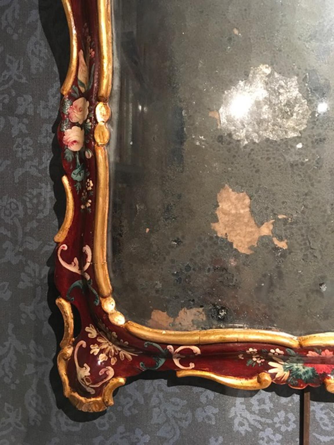 Venice Italy Mid 18th Century Red Wooden Lacquered Mercury Glass Mirror photo for sale