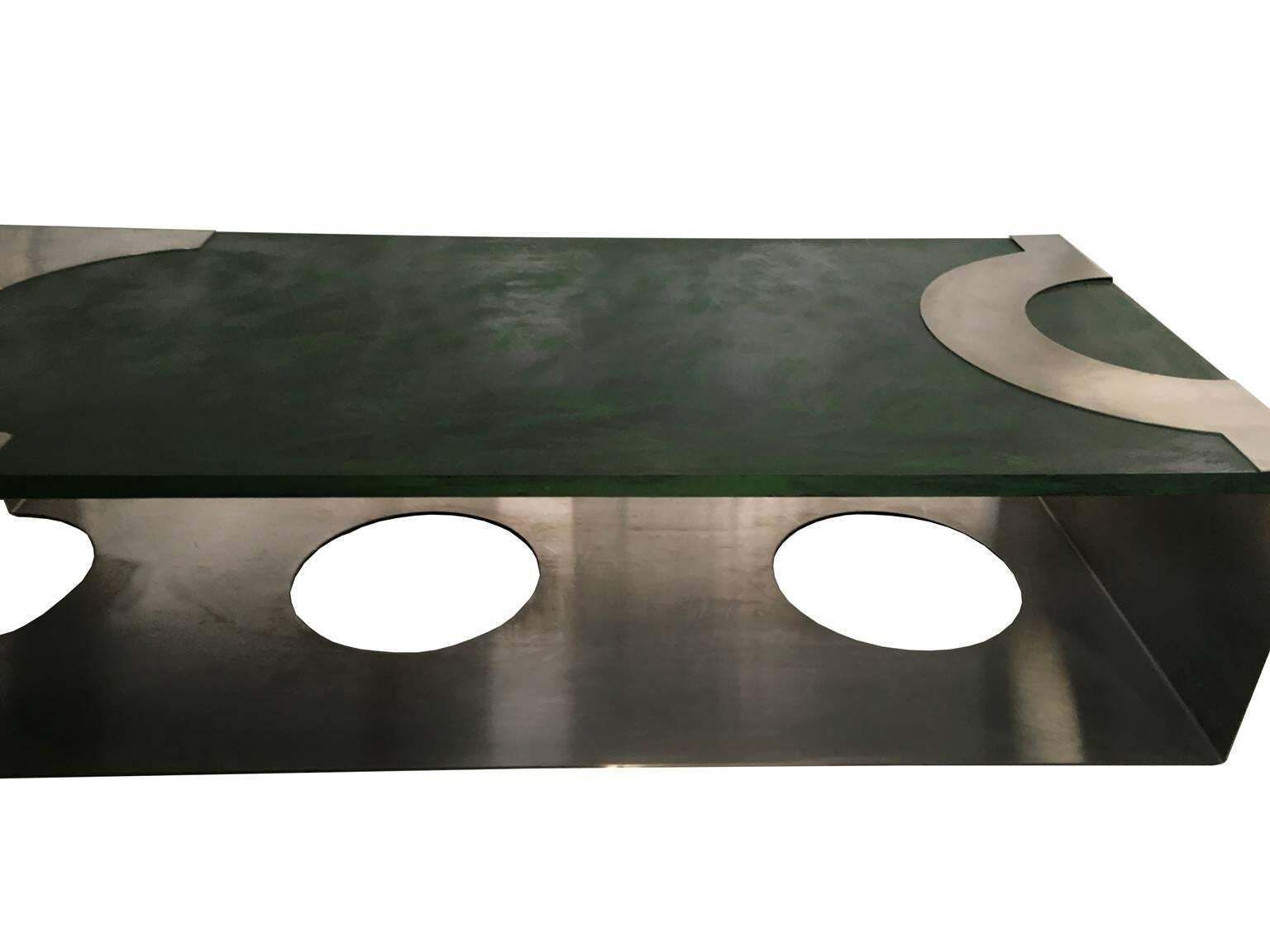1970 Post Modern Green Patinated Wood And Stainless Steel Coffee Table photo vinterior