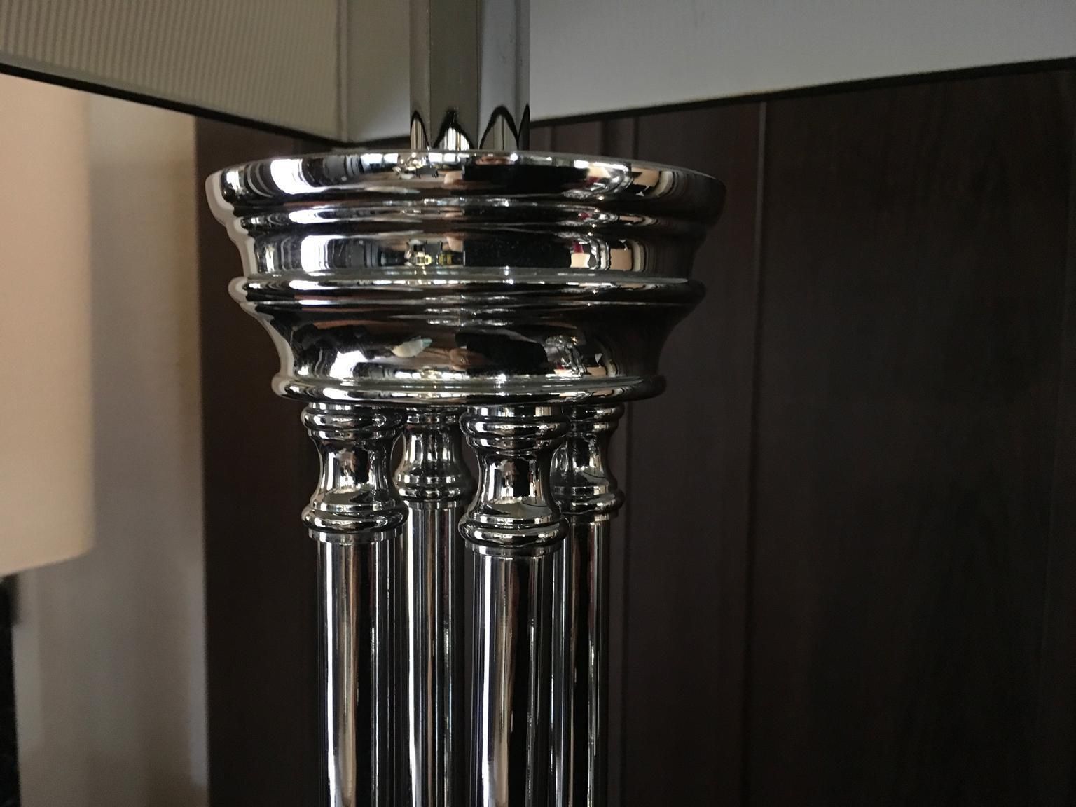 Pair Columned Table Lamps Chrome Finish With Silk Black White Lampshades photo Lighting