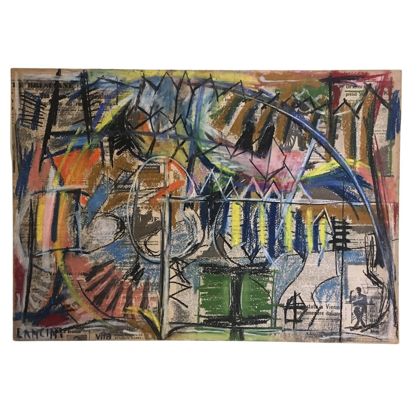 1962 Italy Abstract Painting And Paper Collage By Ermete Lancini