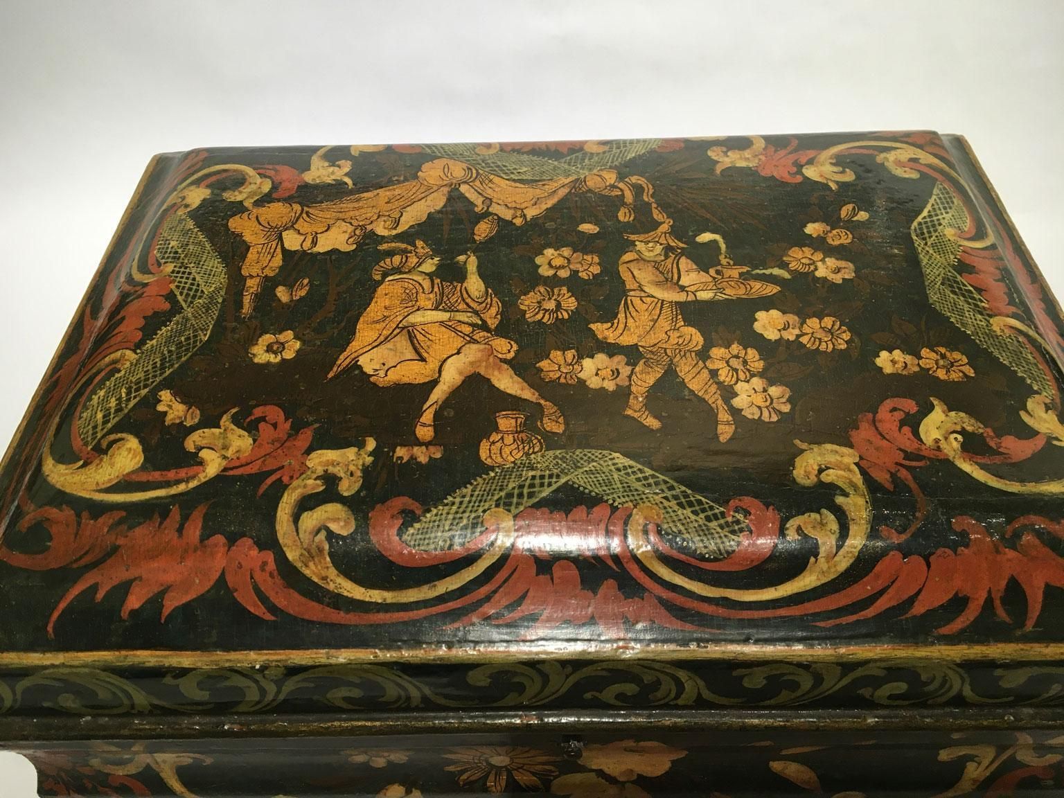 1750 Venezia Italy Lacquered Dark Blue Wooden Box With Golden Decoration photo vintage