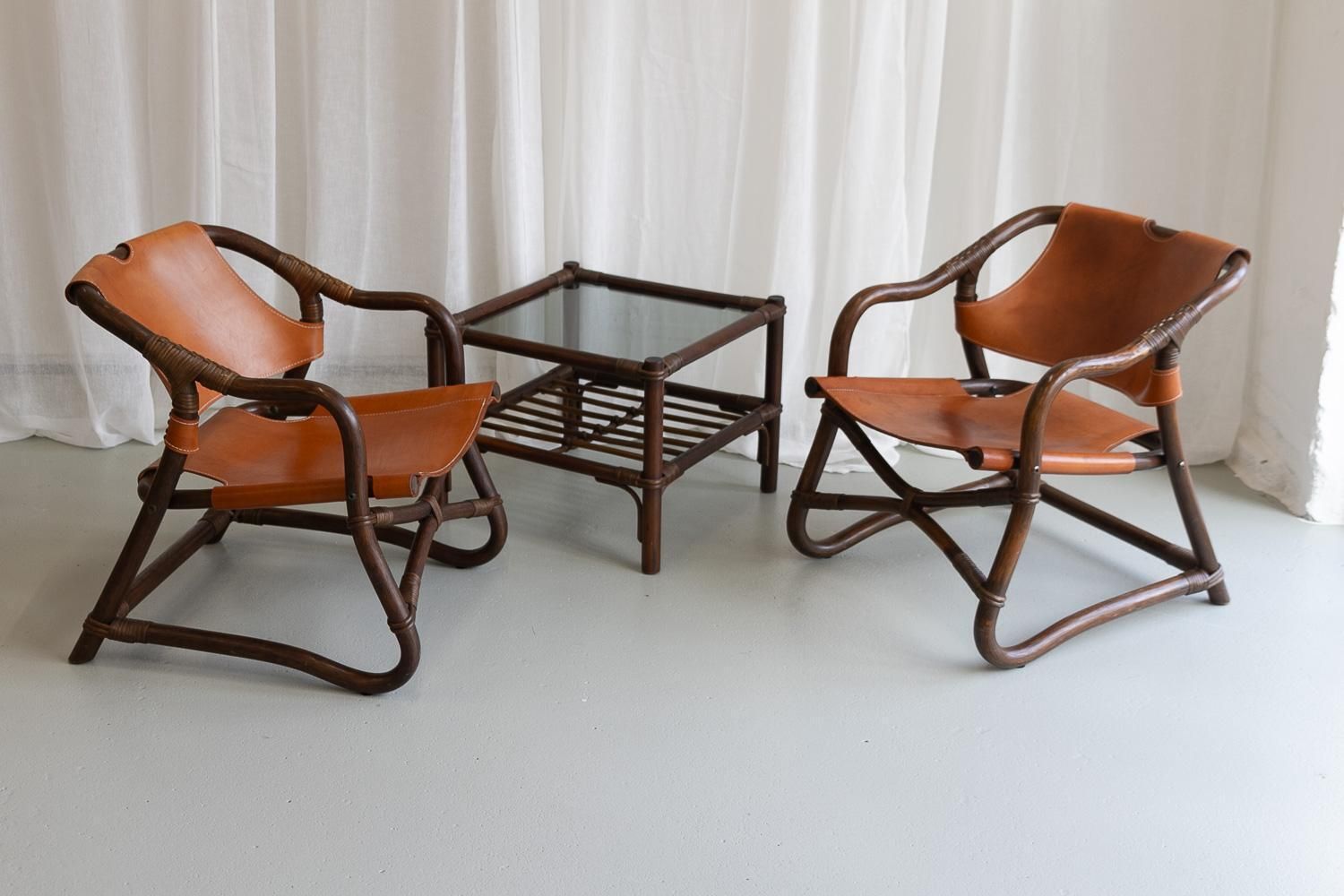 Danish Modern Bamboo And Leather Lounge Chairs & Table By Horsnæs, 1960s. photo furniture