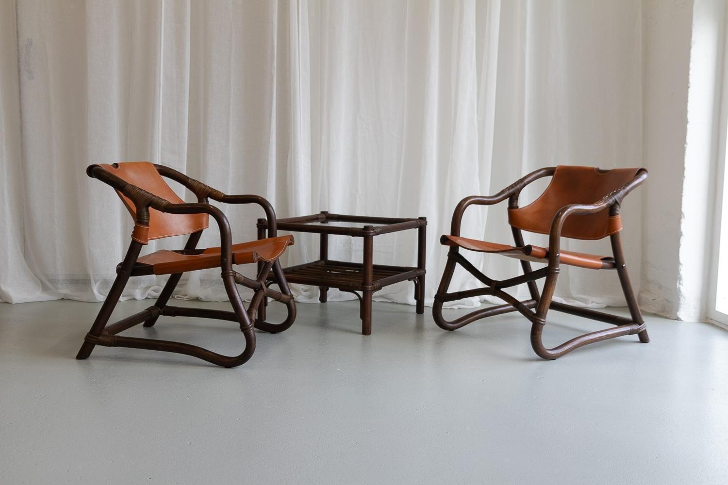 Danish Modern Bamboo And Leather Lounge Chairs & Table By Horsnæs, 1960s. photo for sale
