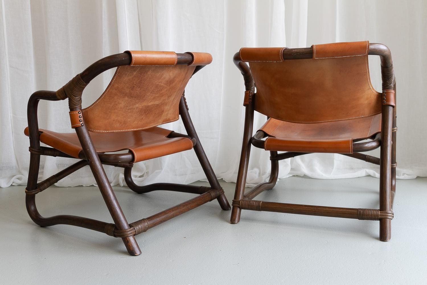 3229.0 Danish Modern Bamboo And Leather Lounge Chairs & Table By Horsnæs, 1960s. photo