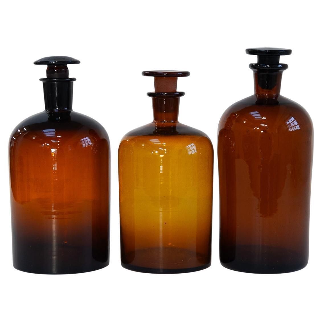 Large Antique Danish Pharmacy Glass Bottles, 1900s. Set Of 3.