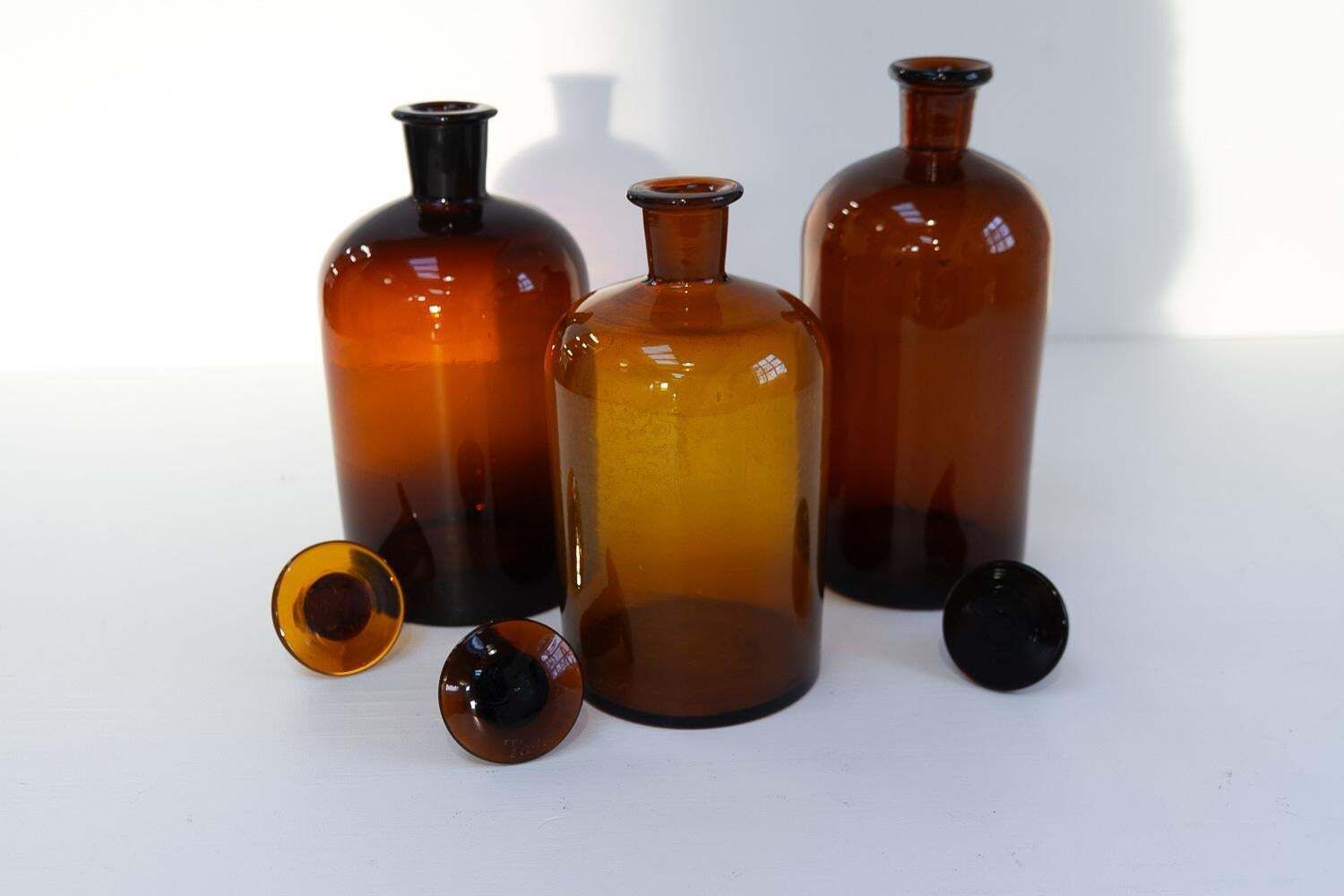 Large Antique Danish Pharmacy Glass Bottles, 1900s. Set Of 3. photo vintage
