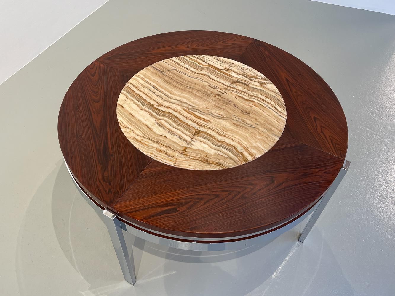 photo for sale Danish Modern Round Rosewood And Marble Coffee Table By Bendixen Design, 1970s.