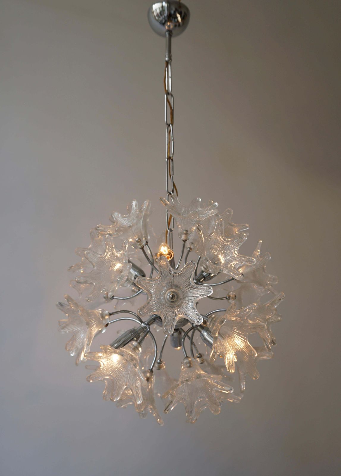 Two Murano Floral Sputnik Chandeliers With Textured Clear Petals photo for sale
