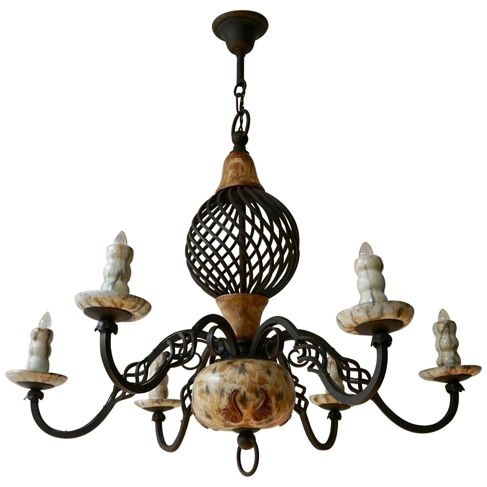 Rare Belgium Art Deco Ceramic And Wrought Iron Chandelier By A Dubois, Belgium