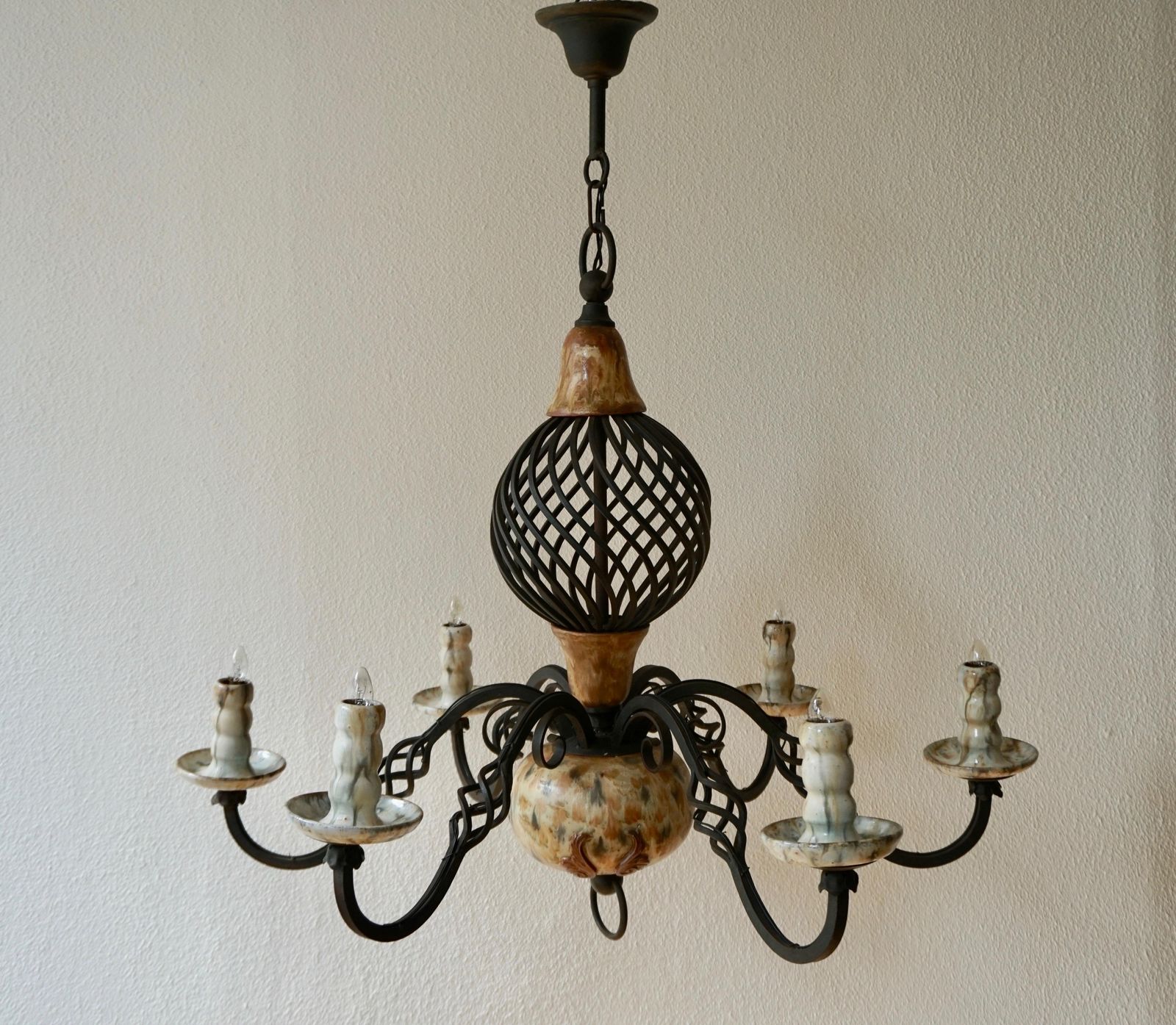 Rare Belgium Art Deco Ceramic And Wrought Iron Chandelier By A Dubois, Belgium photo vinterior