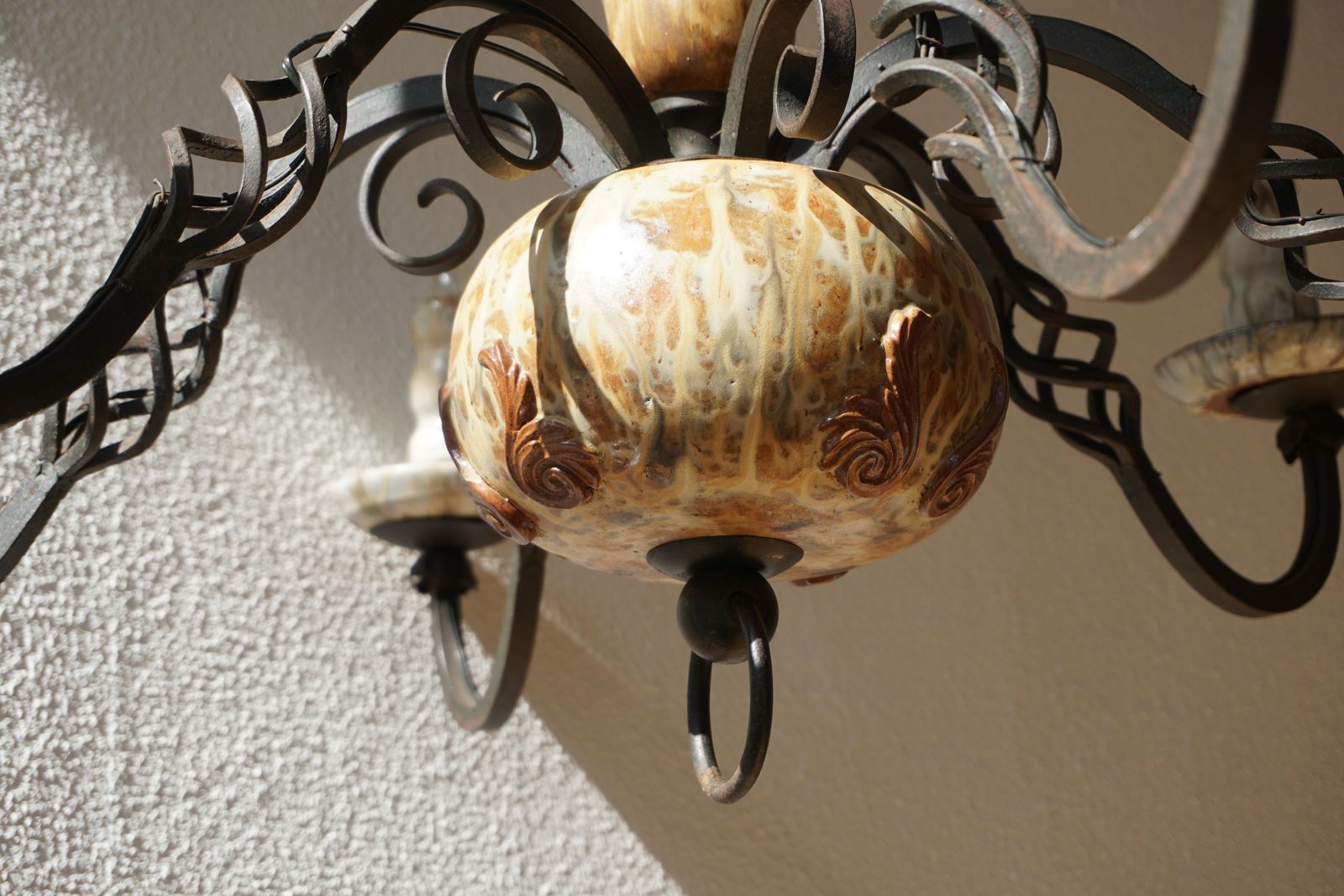 Lighting Rare Belgium Art Deco Ceramic And Wrought Iron Chandelier By A Dubois, Belgium photo