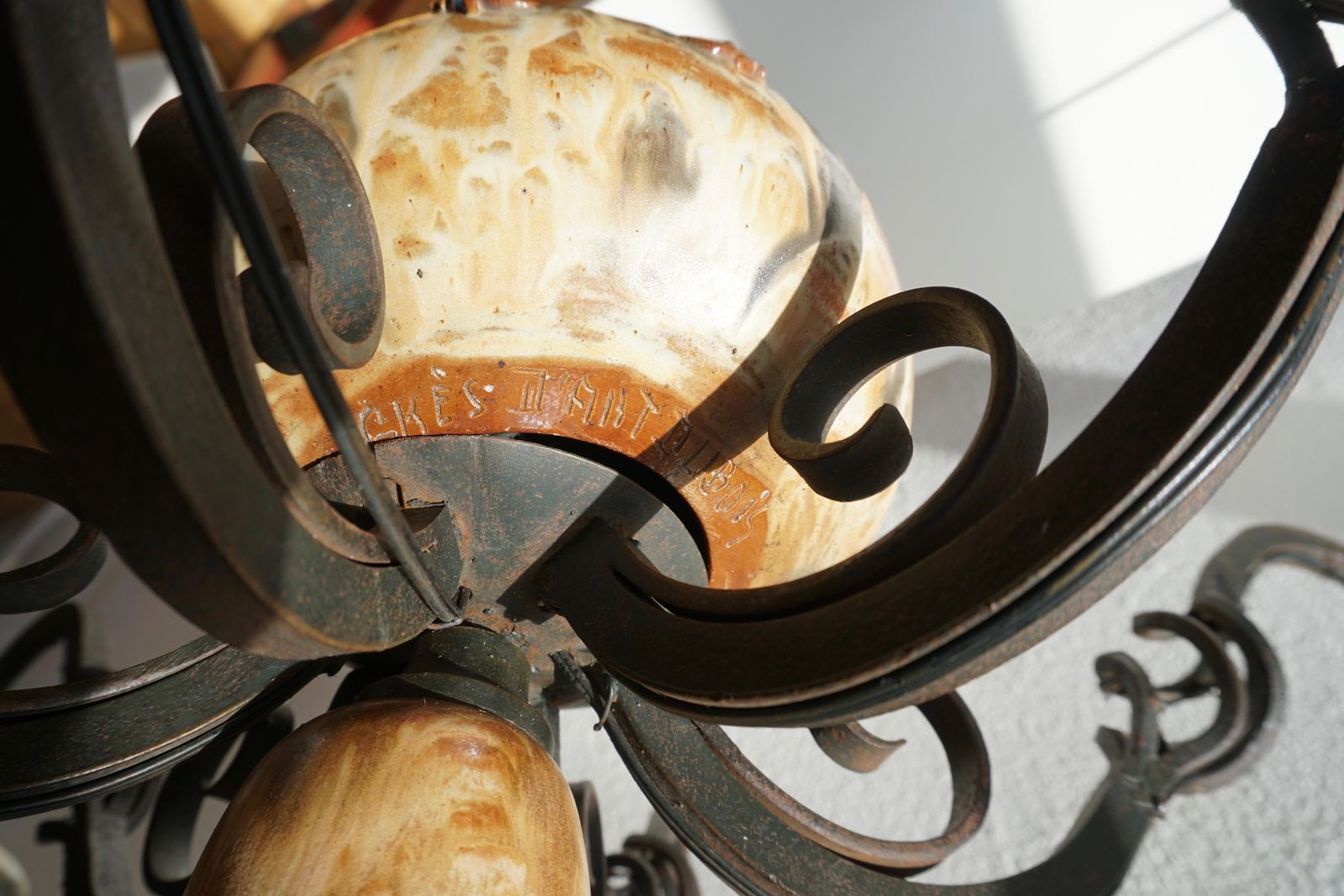 4079.0 Rare Belgium Art Deco Ceramic And Wrought Iron Chandelier By A Dubois, Belgium photo