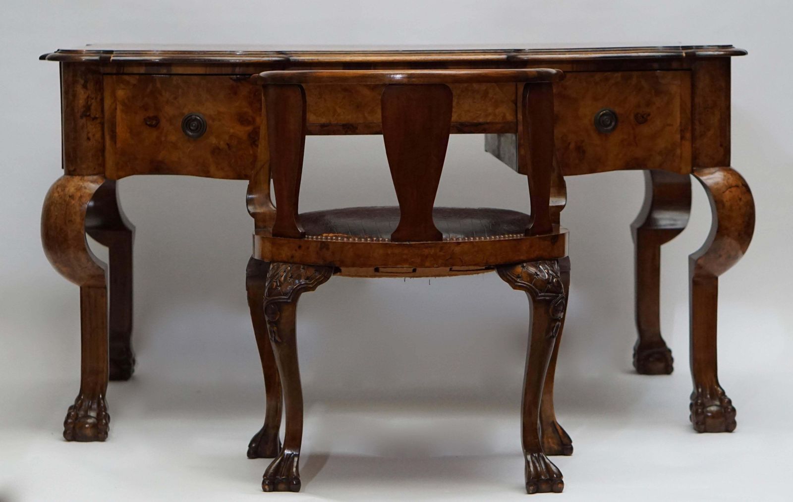 19th Century Burl Walnut Partner's Desk With Armchair photo Furniture