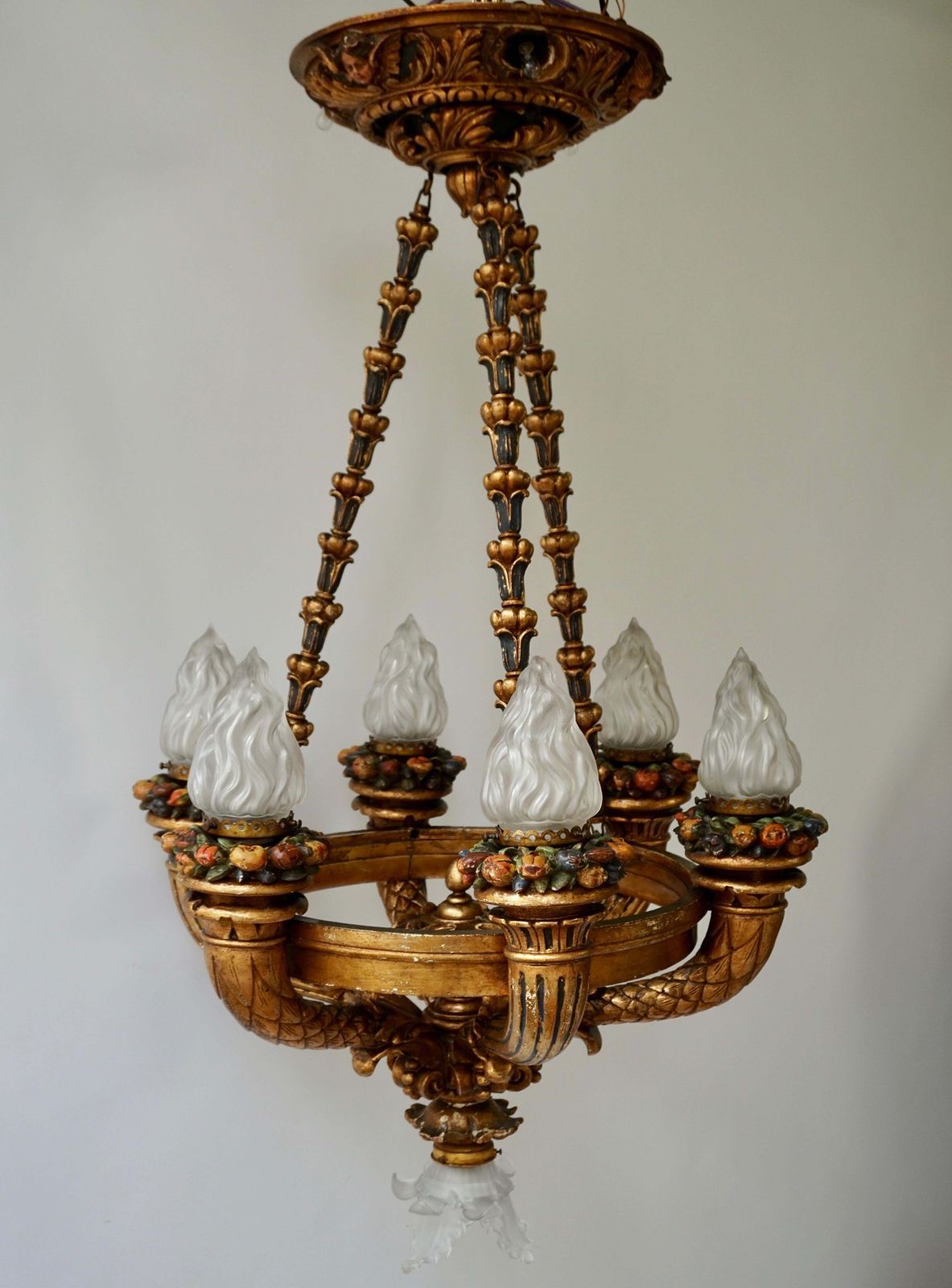 Wonderful Italian Giltwood Cherubs Putti And Painted Fruit Torch Chandelier photo furniture