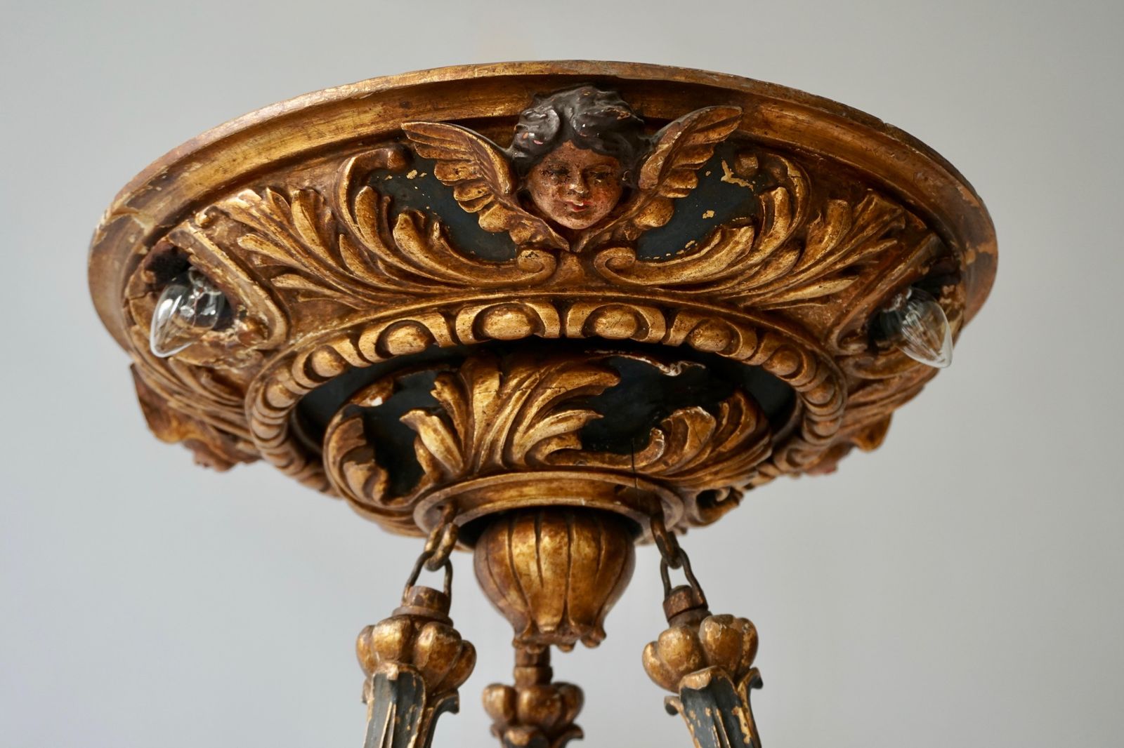 Lighting Wonderful Italian Giltwood Cherubs Putti And Painted Fruit Torch Chandelier photo