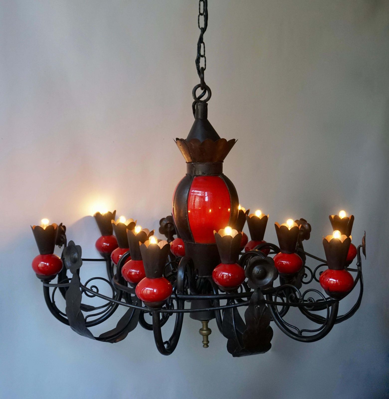 Beautiful Large 1950s Wrought Iron And Red Ceramic Chandelier photo furniture