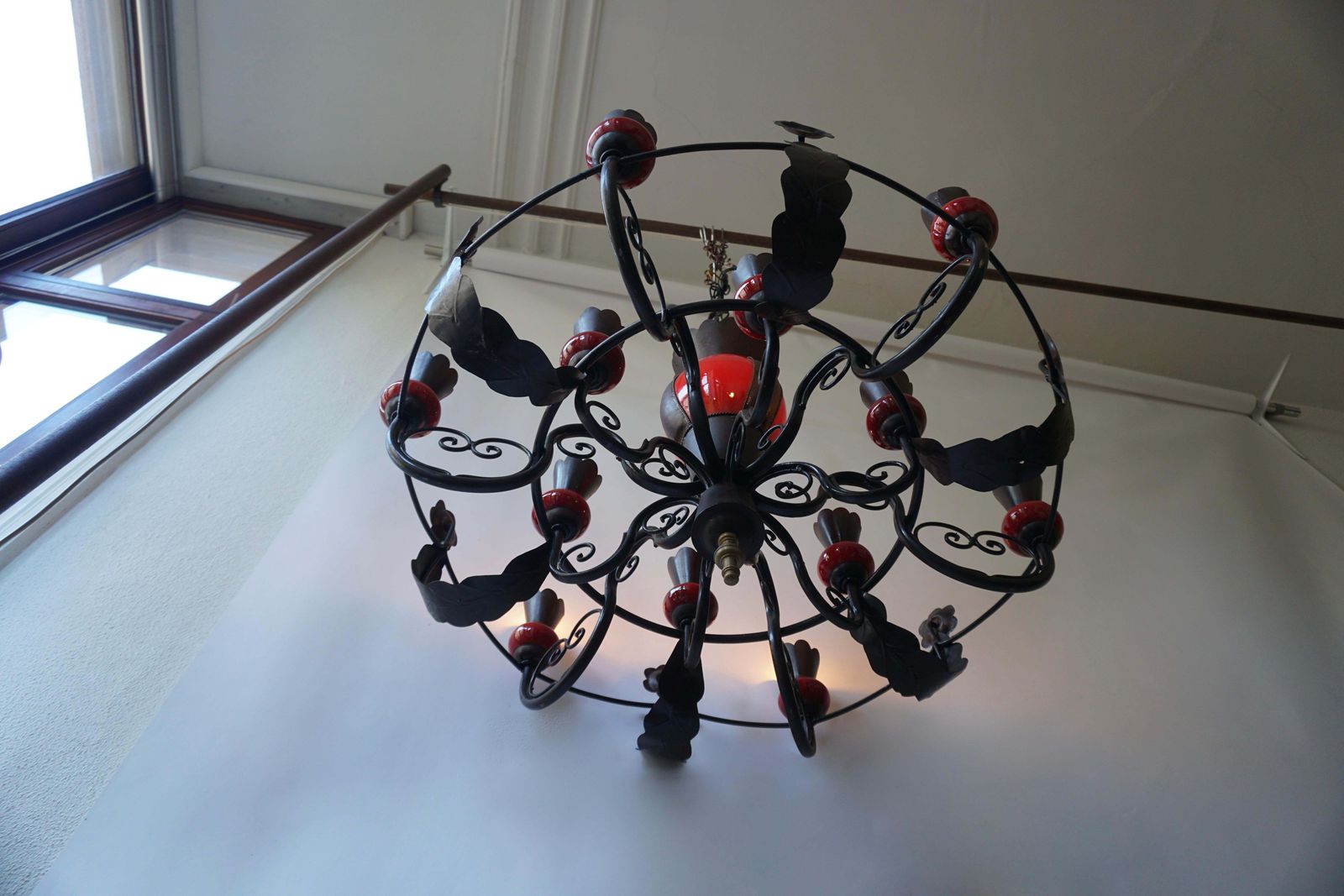 Beautiful Large 1950s Wrought Iron And Red Ceramic Chandelier photo buy