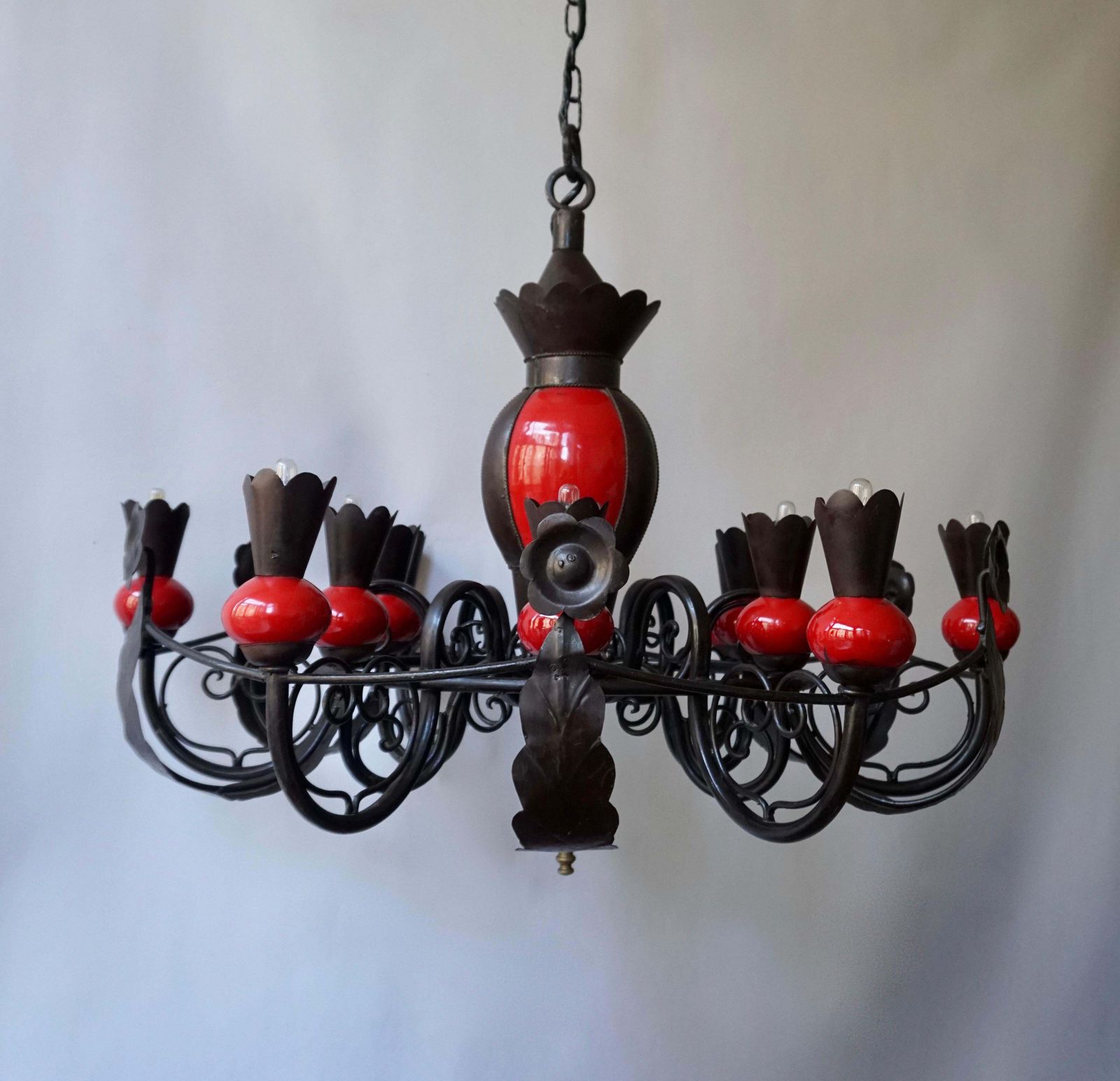 Beautiful Large 1950s Wrought Iron And Red Ceramic Chandelier photo vintage
