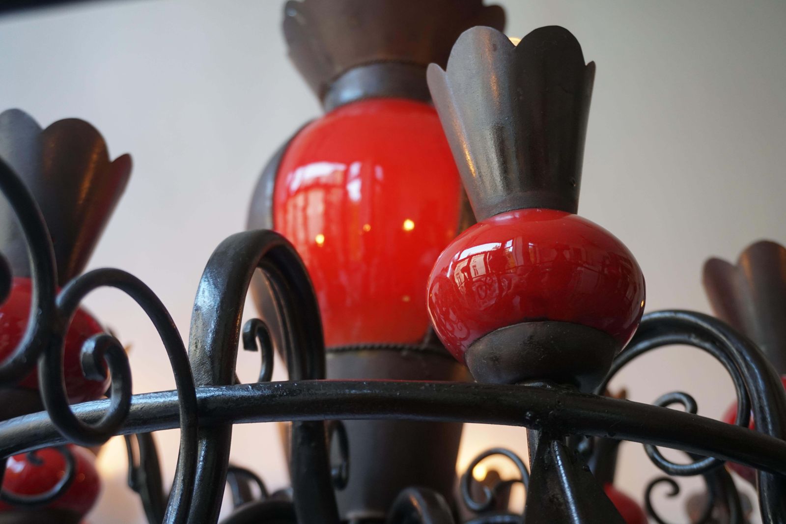 photo furniture Beautiful Large 1950s Wrought Iron And Red Ceramic Chandelier