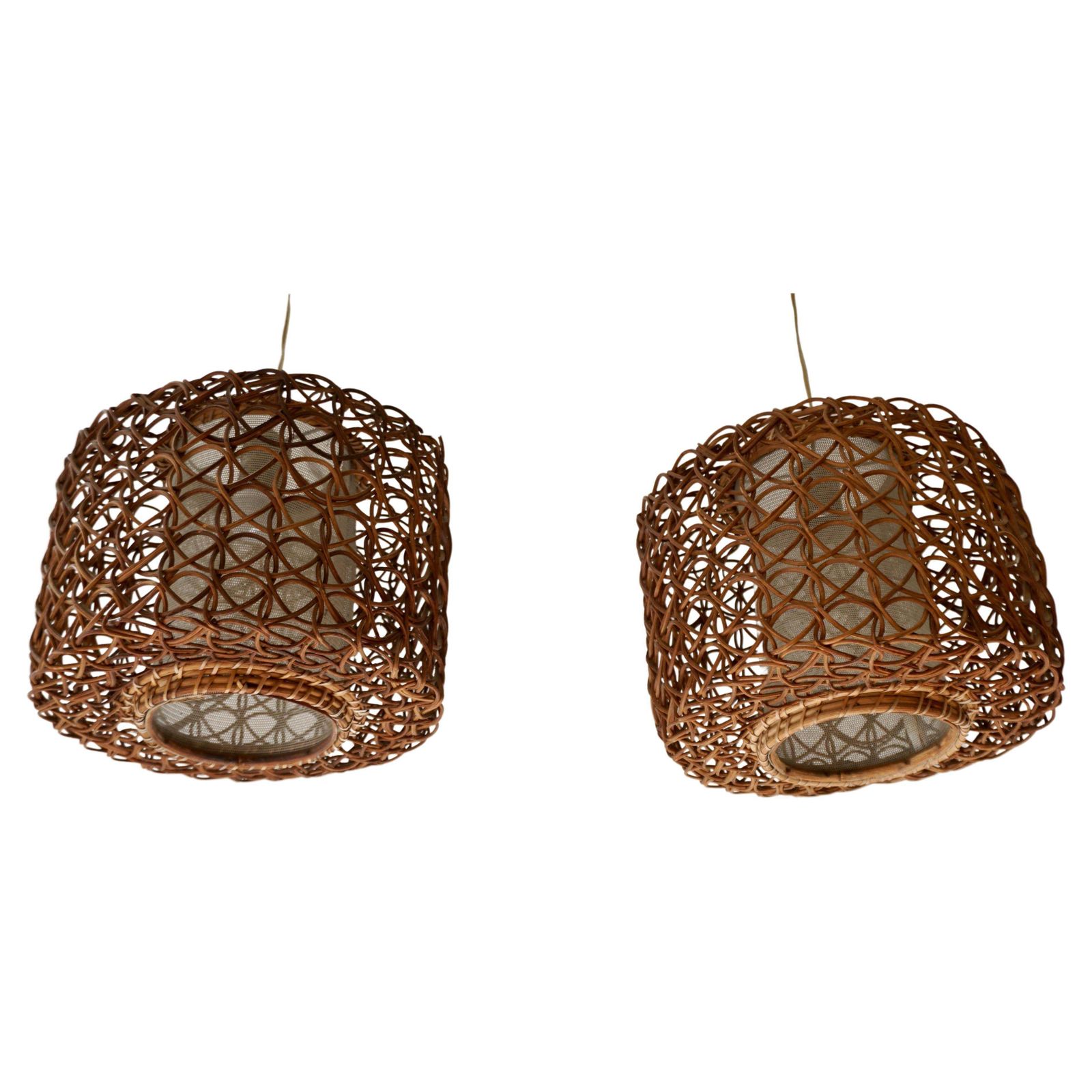 Three French 1950s Vintage Rattan Pendant Light