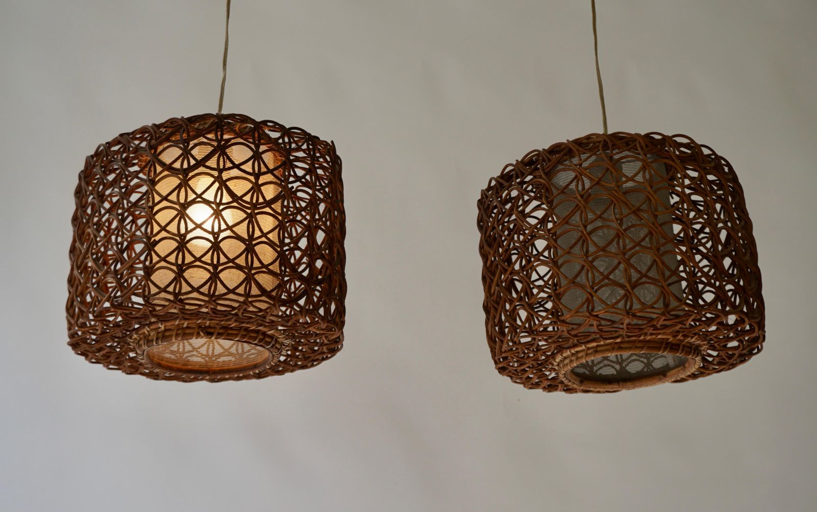 Three French 1950s Vintage Rattan Pendant Light photo for sale