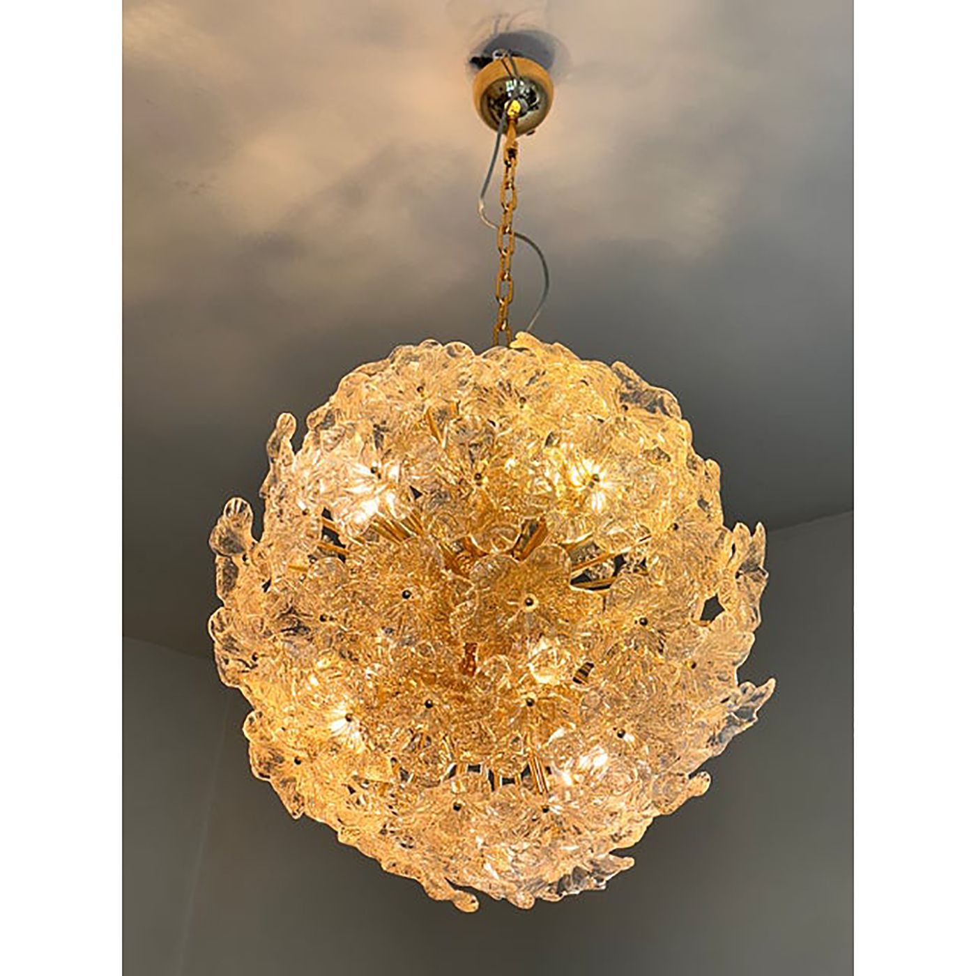 Italian Murano Style Glass Chandelier Sputnik In Gold And Clear And Gold Flowers photo buy