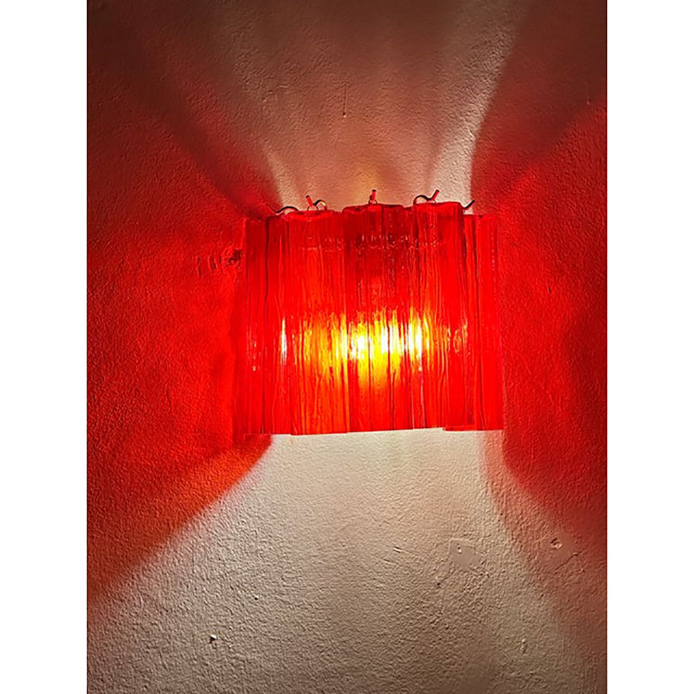 Set Of Two Contemporary Red "Tronchi" Murano Style Glass Wall Sconces In Venini Style photo vinterior
