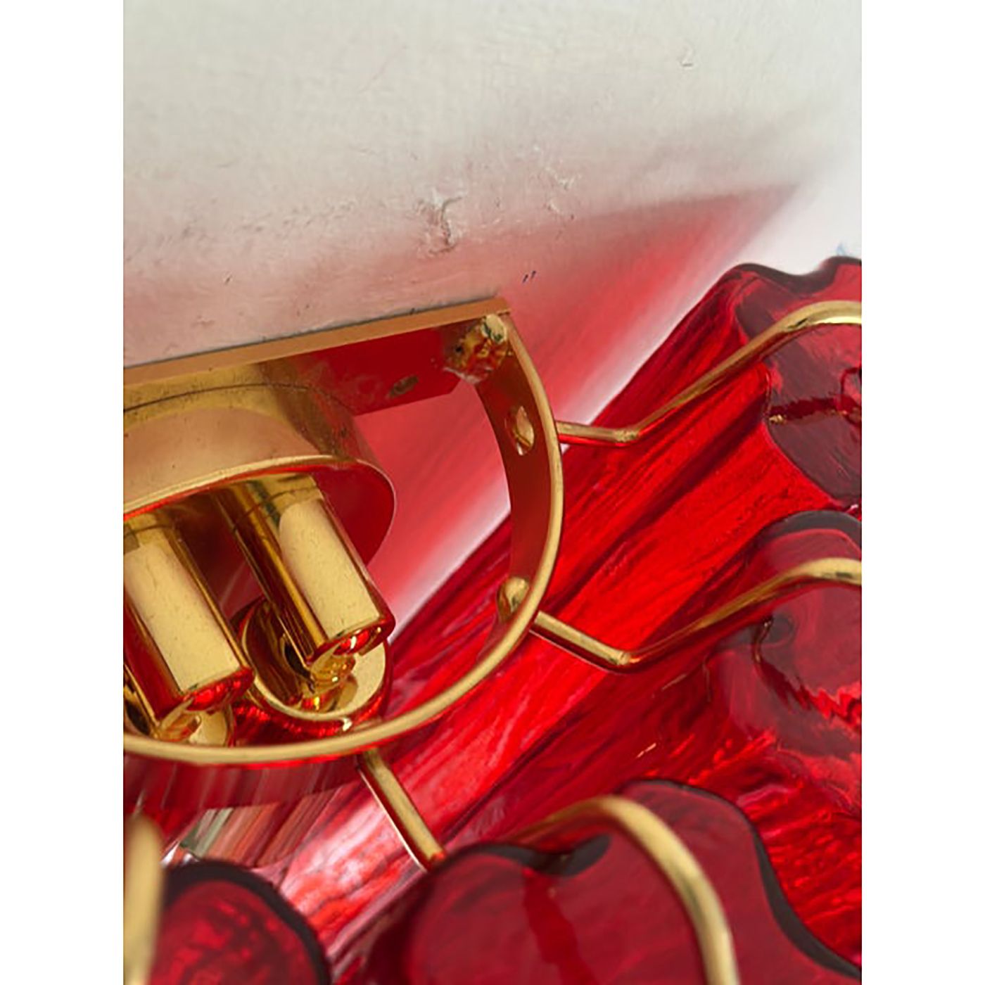 Set Of Two Contemporary Red "Tronchi" Murano Style Glass Wall Sconces In Venini Style photo vintage