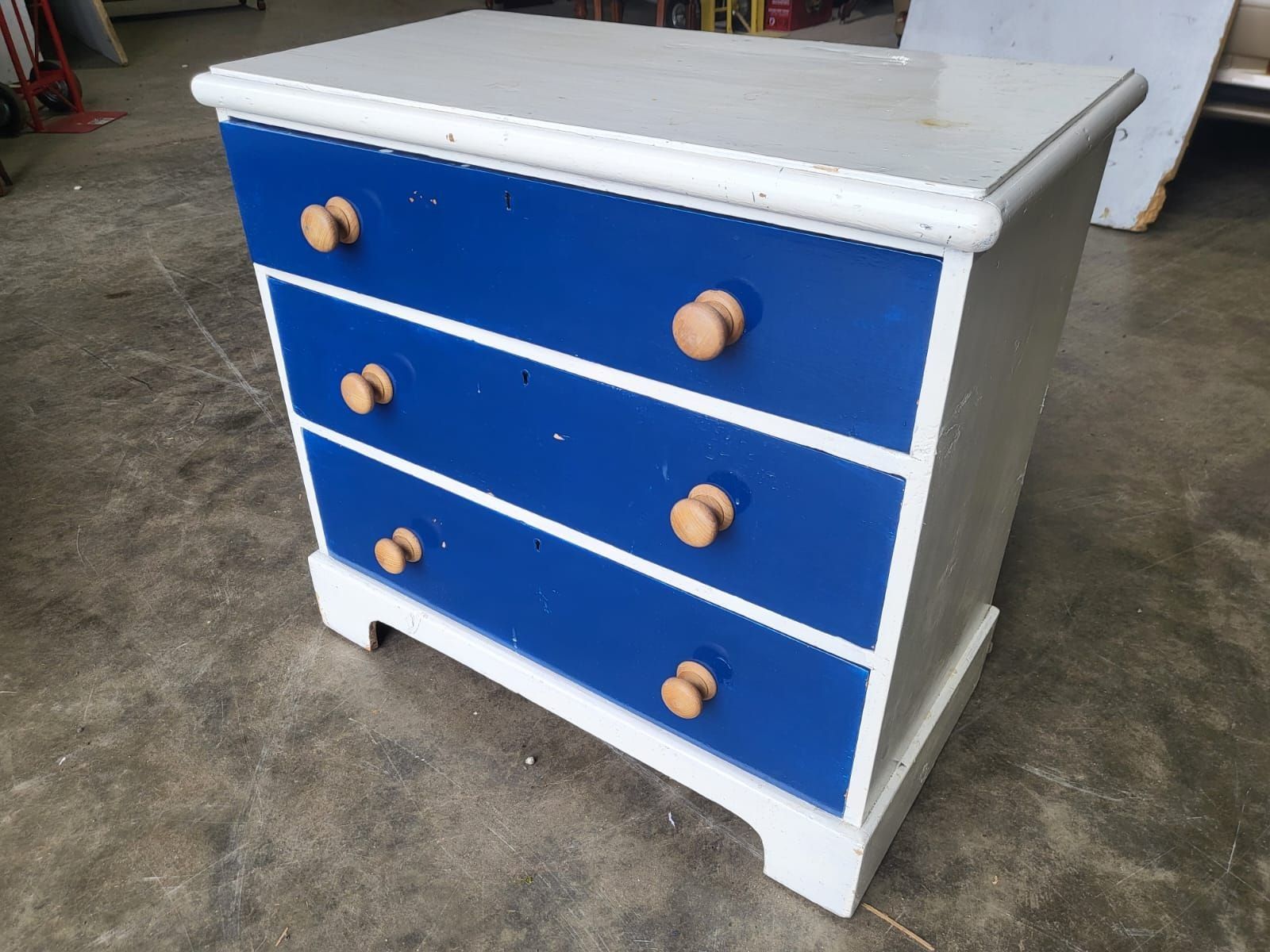 Vintage 20thc Small Low Painted Chest Of Drawers White Blue 3 Drawers