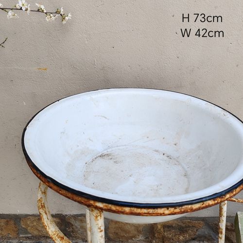 photo for sale Antique 1920s Hungarian Wash Basin Stand – Rustic Metal With Bowl, Bird Bath