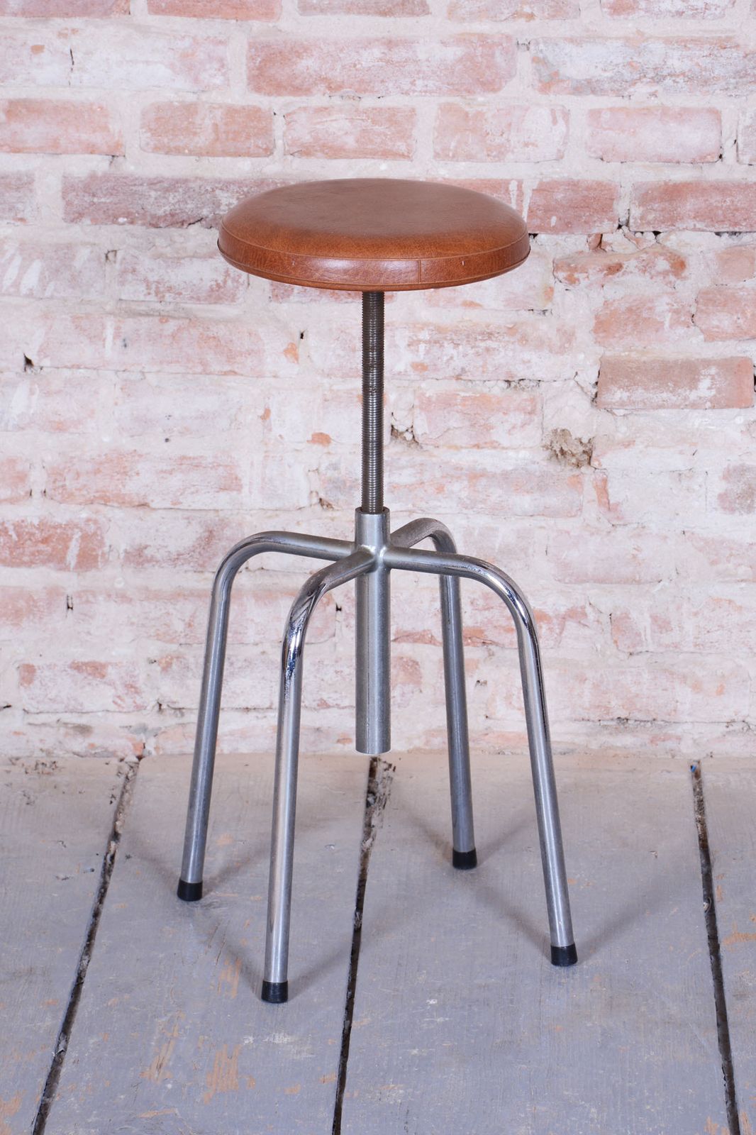 Original Bauhaus Swivel Chair, Chrome Plated Steel, Leatherette, Czech, 1950s photo for sale