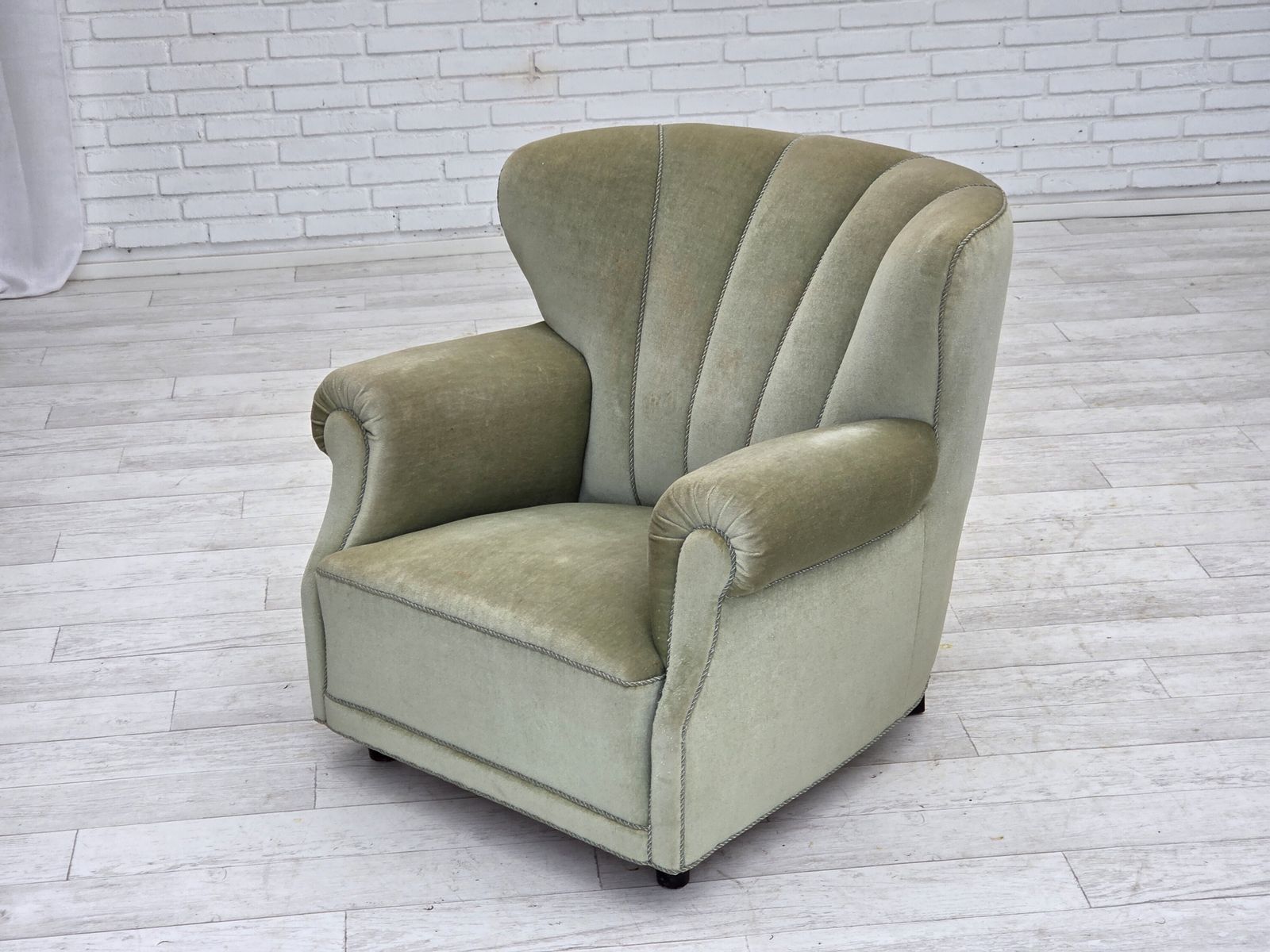 1470.0 Ca. Jaren 1970, Deense Relaxfauteuil, Lichtgroen Meubelvelours, Goede Staat. photo