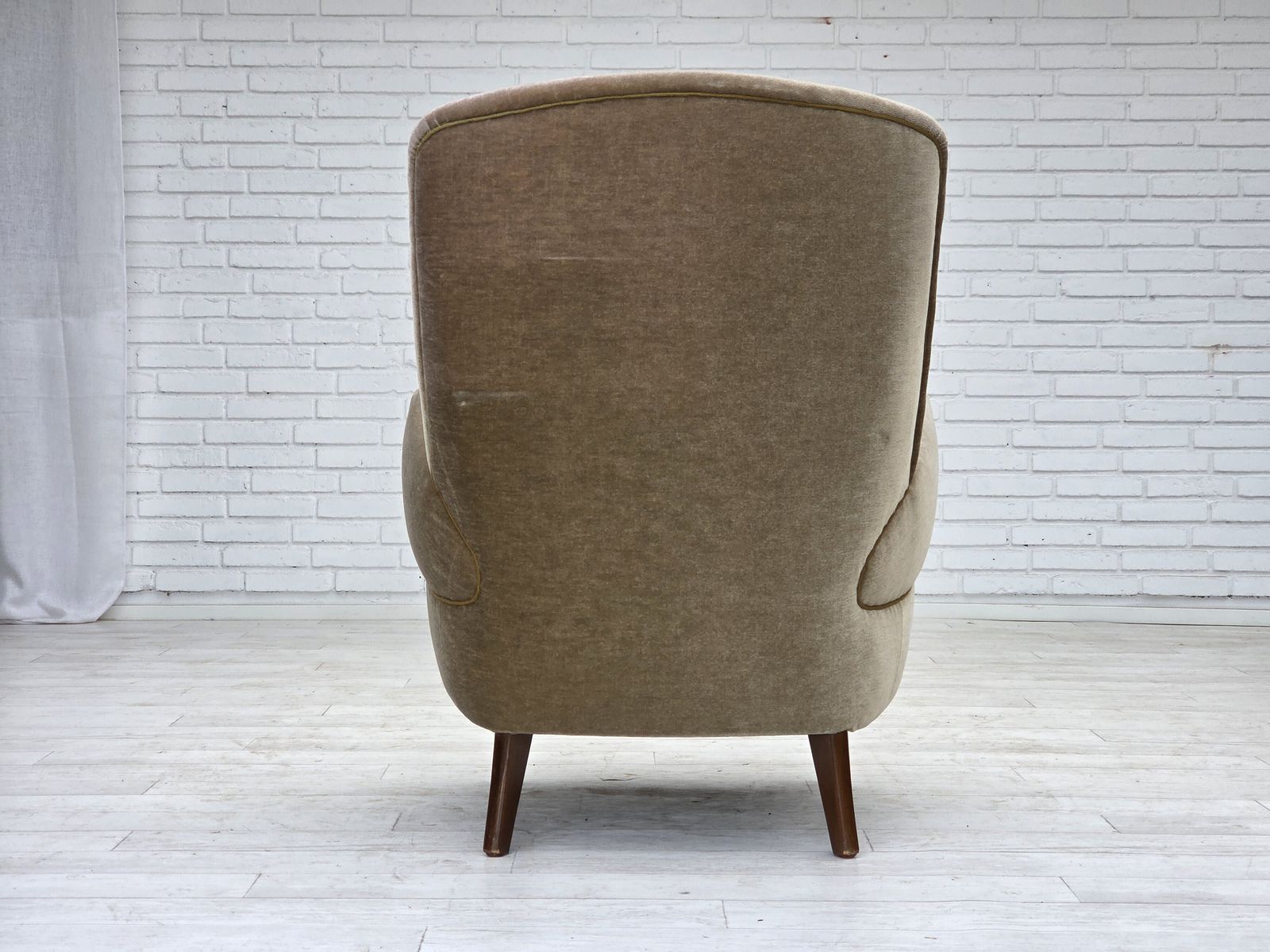 photo for sale 1970s, Danish Armchair, Green Furniture Velour, Beech Wood Legs.