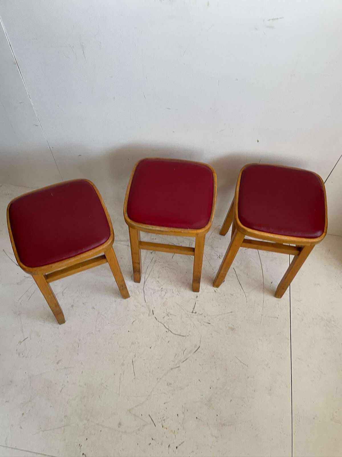 Set Of 3 Romanian Mid Century Wooden Stools With Red Vinyl Seats photo furniture
