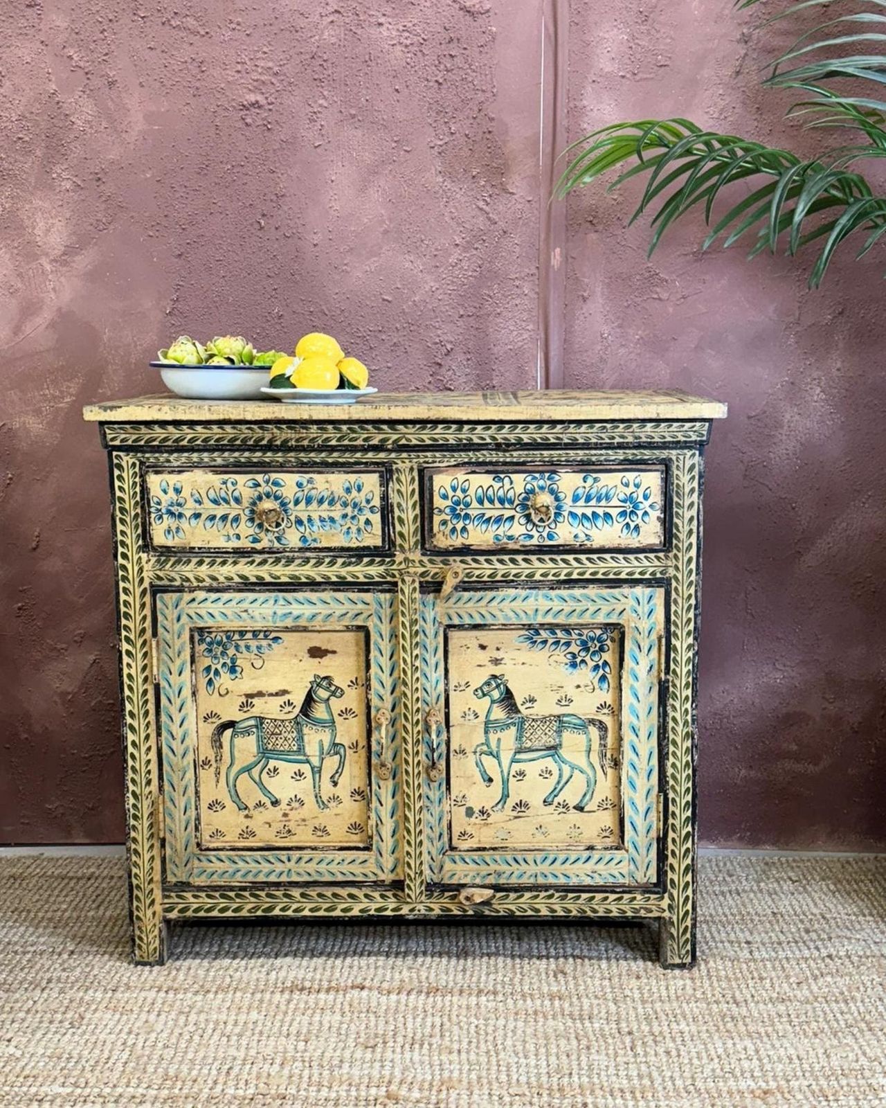 One Of A Kind Vintage Reclaimed Indian Sideboard With Floral, Horse, And Elephant Designs