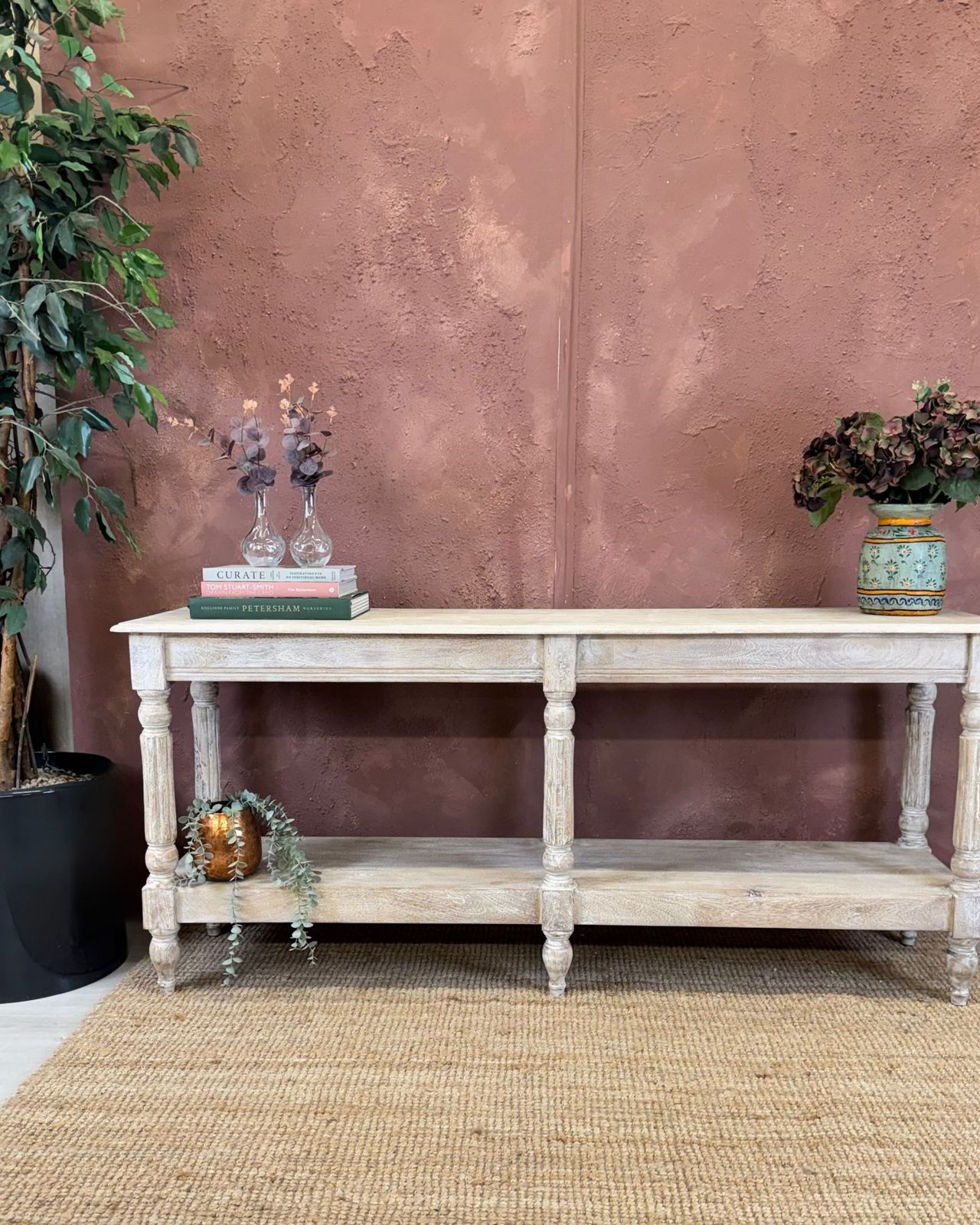 Long Mango Wood Hand Carved Console Table With Shelf – Creamwash Finish