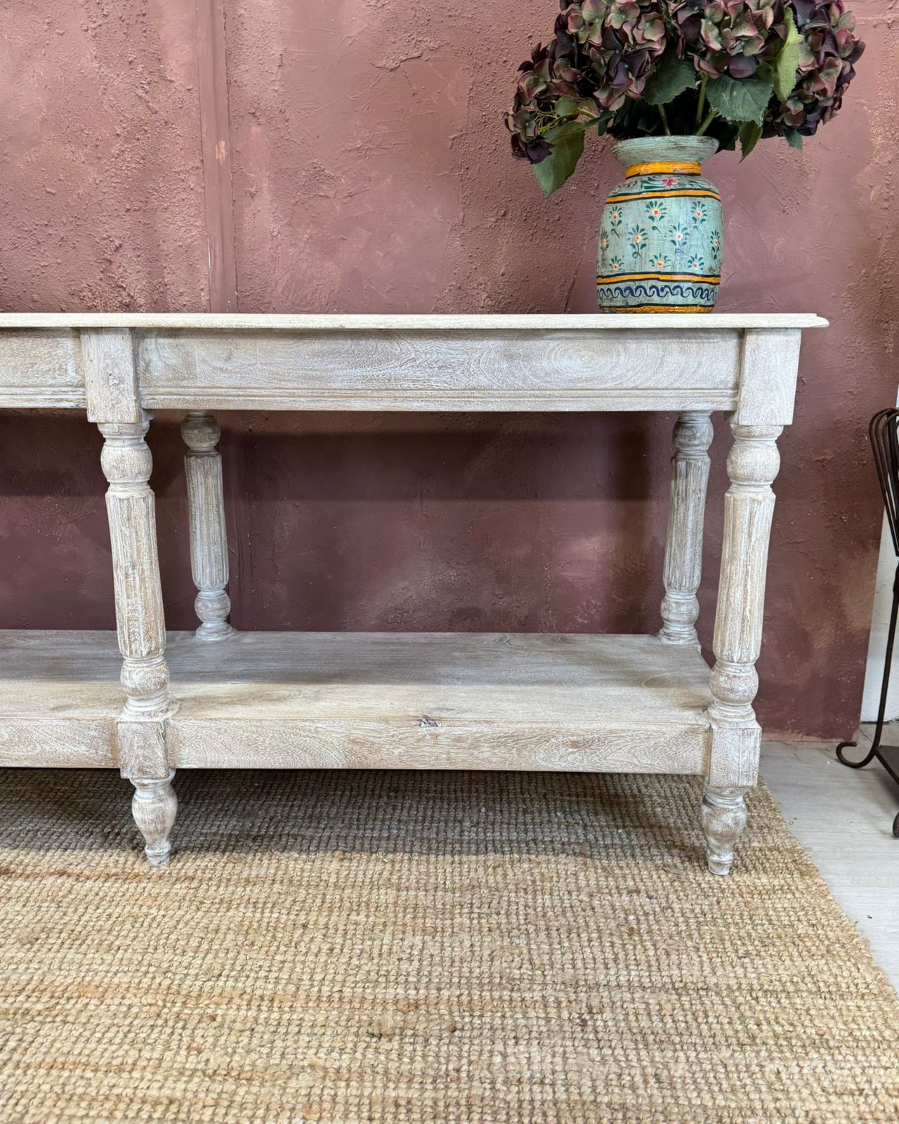 Long Mango Wood Hand Carved Console Table With Shelf – Creamwash Finish photo furniture