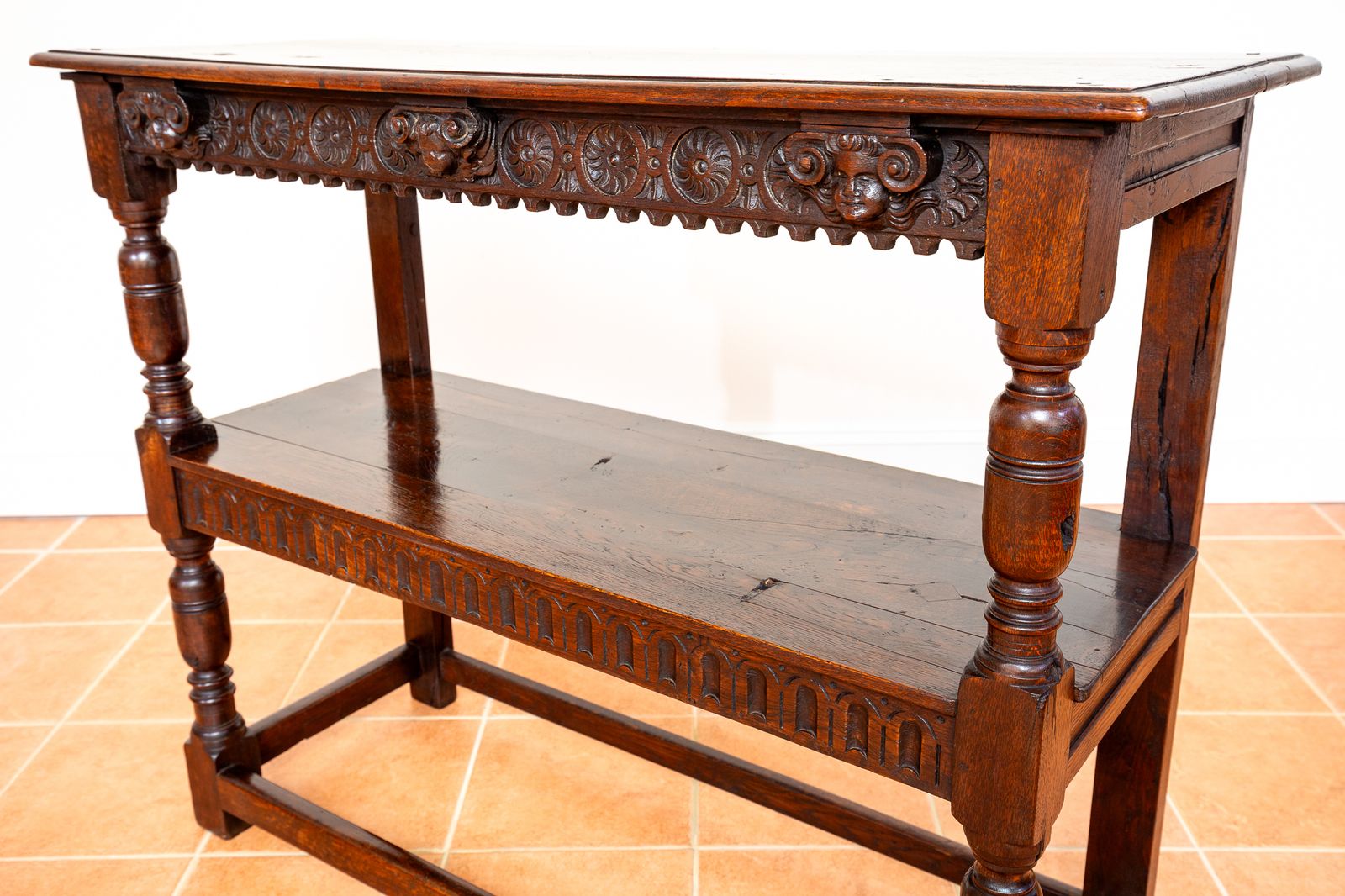 Jacobean Country Carved Oak Tiered Court Cupboard Server Buffet Display Stand Media Shel.F Unit County House 17th Century Fine Antique Farmhouse photo for sale