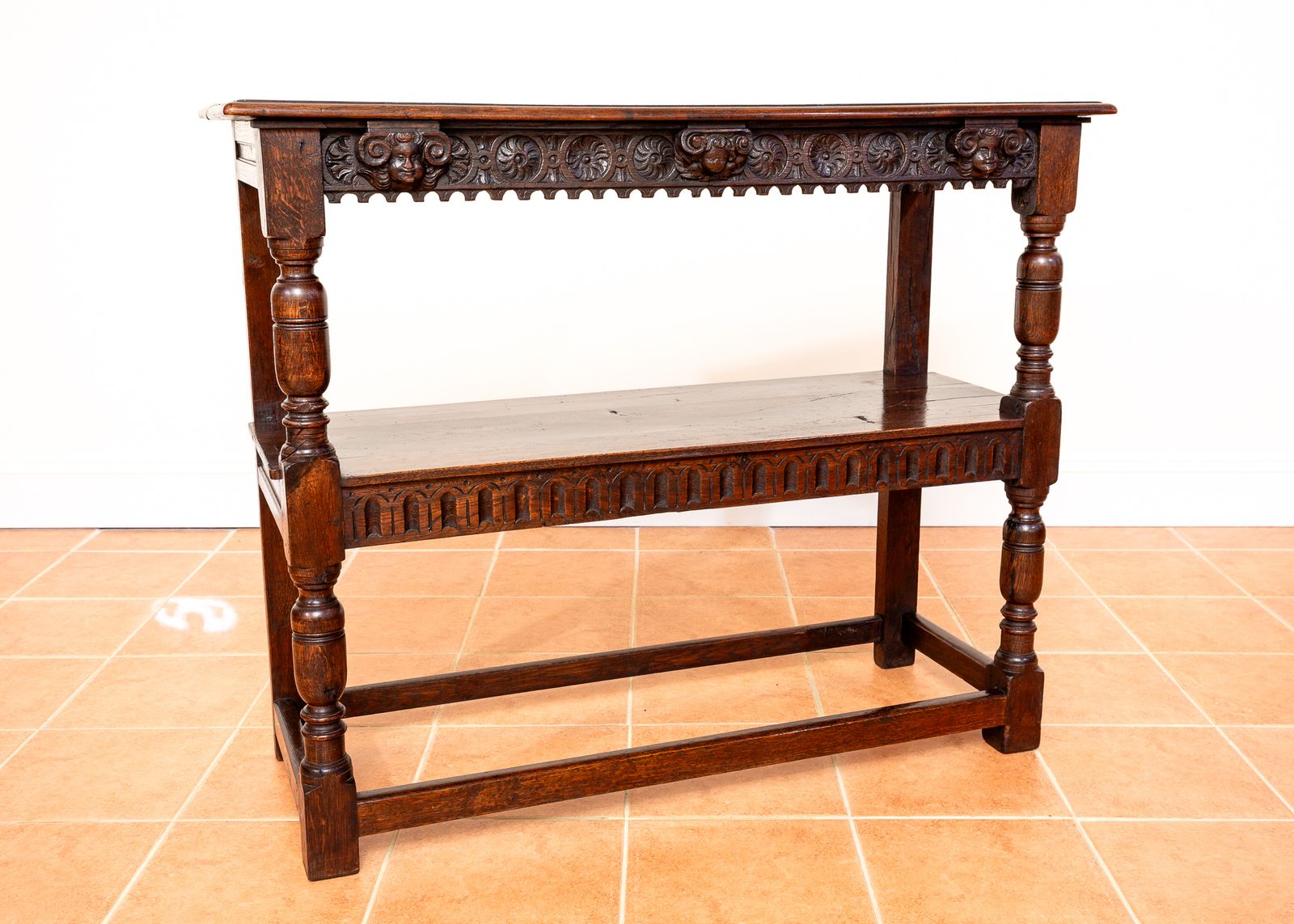 Jacobean Country Carved Oak Tiered Court Cupboard Server Buffet Display Stand Media Shel.F Unit County House 17th Century Fine Antique Farmhouse photo Furniture