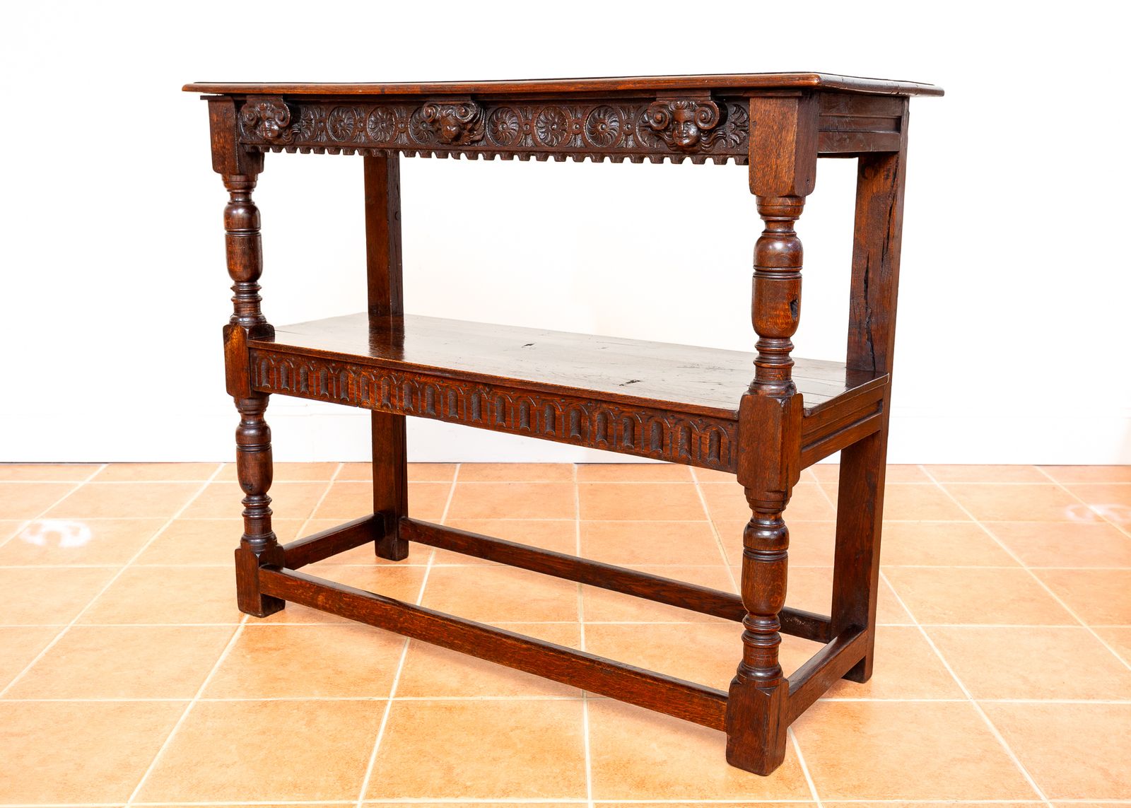 Jacobean Country Carved Oak Tiered Court Cupboard Server Buffet Display Stand Media Shel.F Unit County House 17th Century Fine Antique Farmhouse