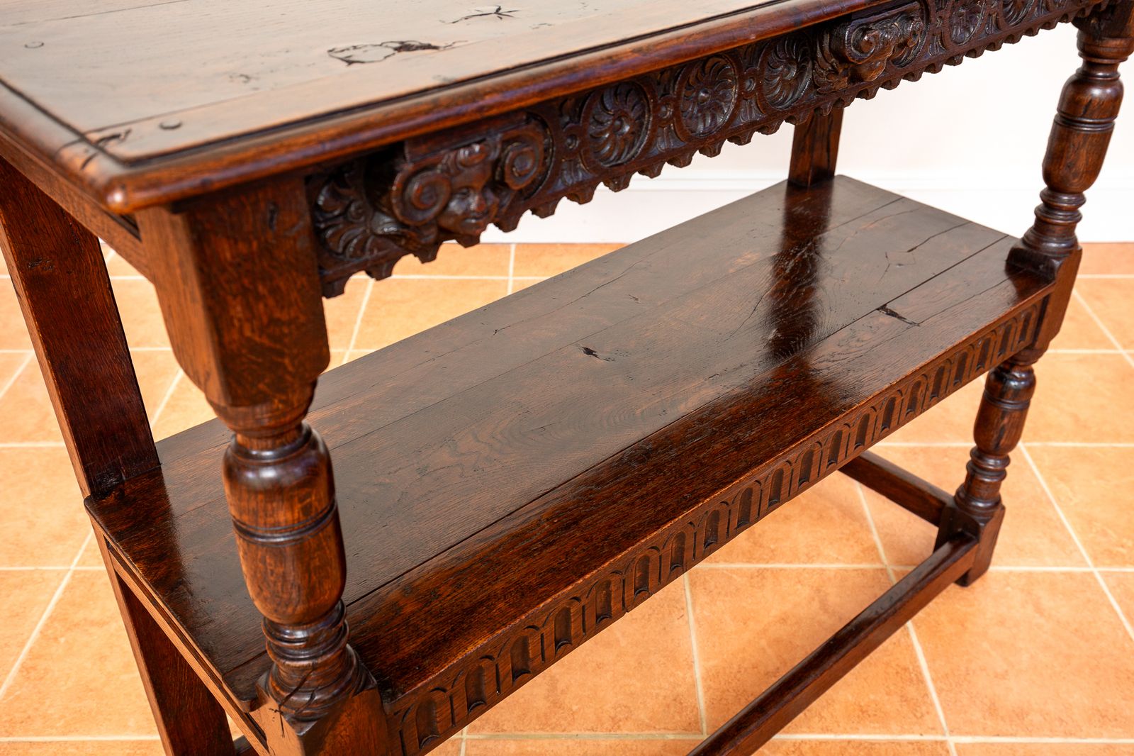 photo buy Jacobean Country Carved Oak Tiered Court Cupboard Server Buffet Display Stand Media Shel.F Unit County House 17th Century Fine Antique Farmhouse