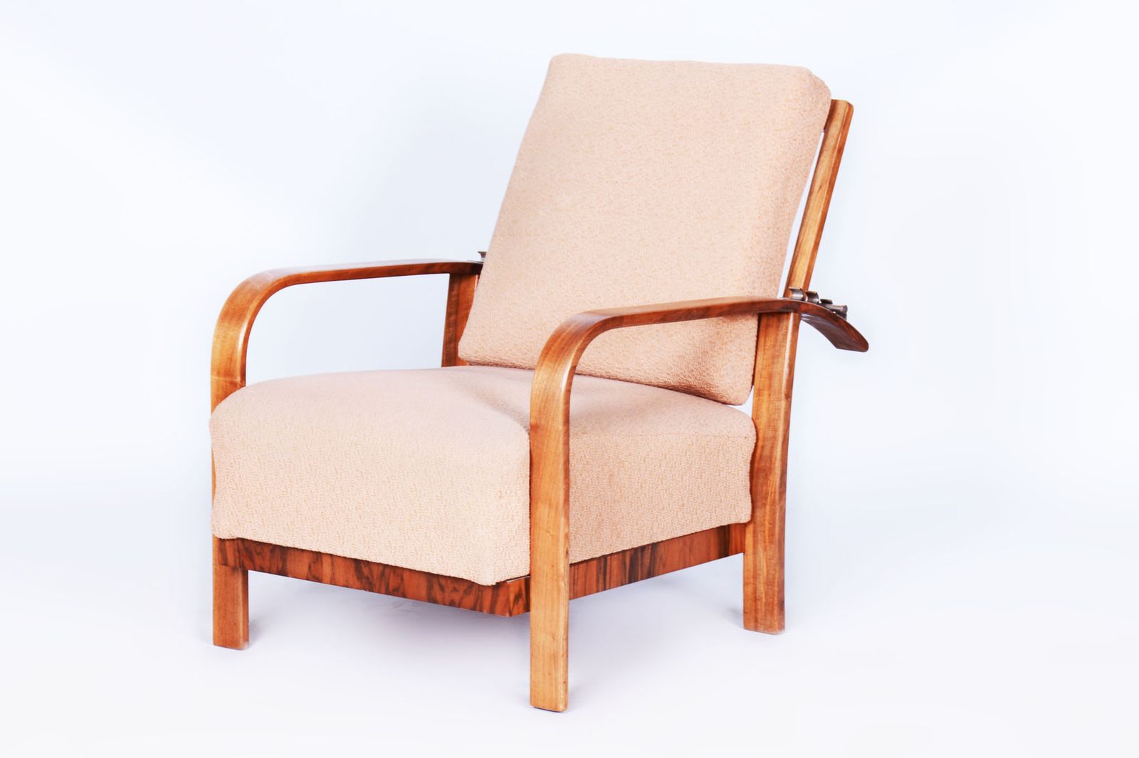 Restored Art Deco Reclining Armchair, Walnut, High Gloss, Czech. 1920s