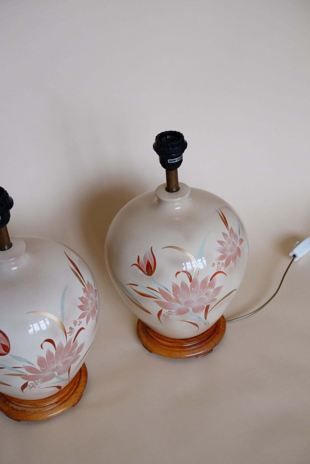 Large Pair Of 1980's Floral Pink Ceramic Ginger Jar Lamps photo 385.0