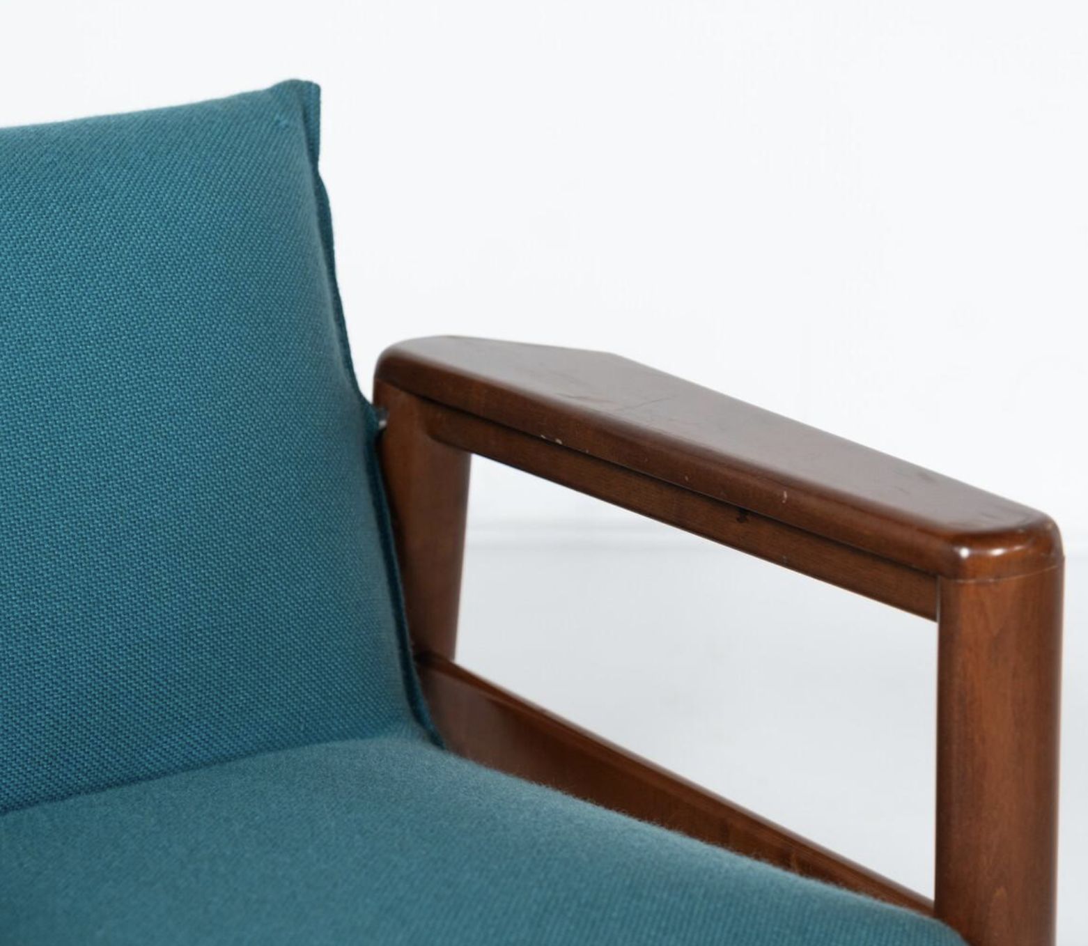 Mid Century Modern Pair Of Armchairs, Blue Fabric And Wood, Italy, 1960s photo for sale