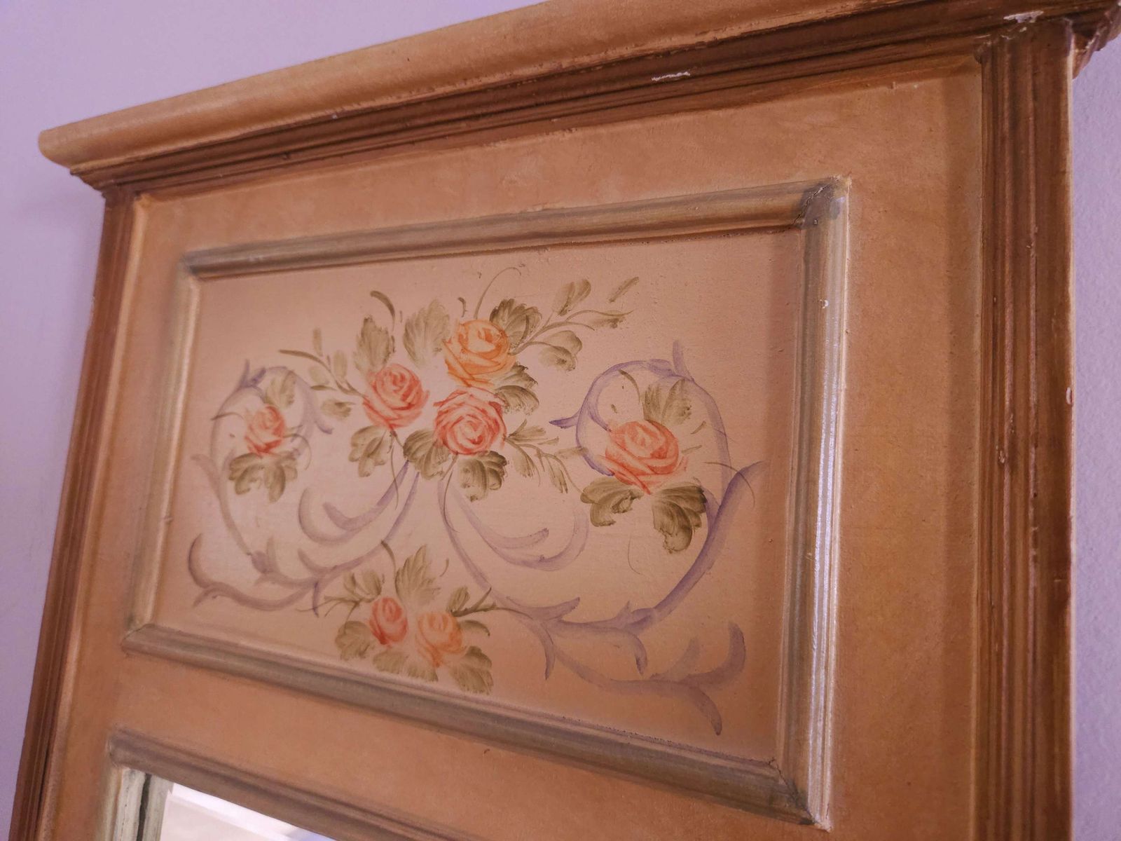 Long, Tall, French Farmhouse Style Wall Mirror With Hand Painted Decoration photo vintage