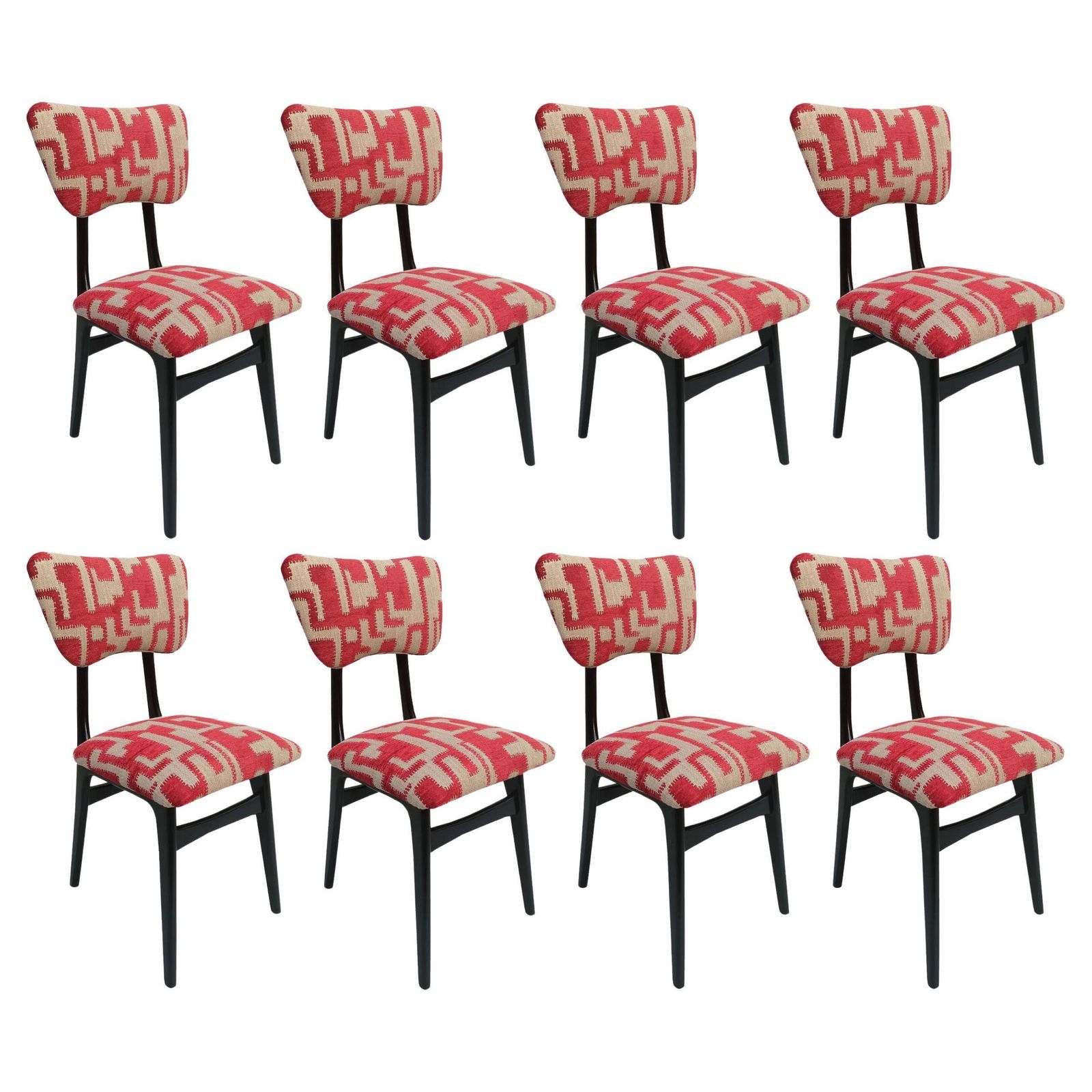 Eight Midcentury Butterflies Chairs, Beige Red Jacquard, Black Wood Europe 1960s