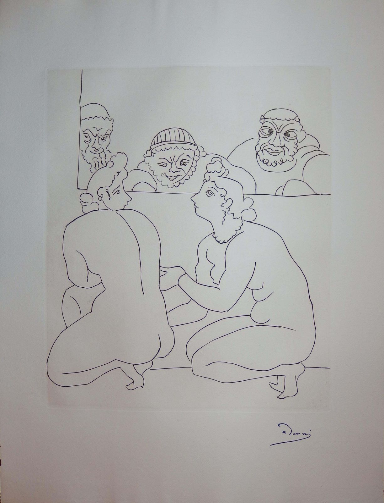 André Deraintwo Nude Women Discussing With Men   Original Etching   19511951