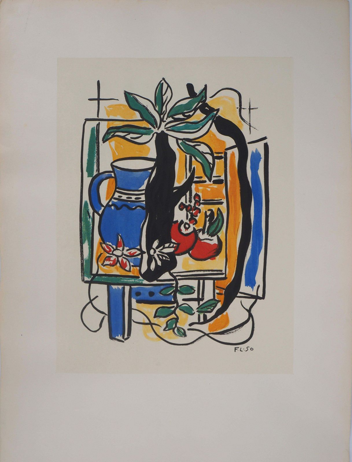 Fernand Légerstill Life With Blue Pitcher And Fruits   Lithograph And Stencil, 19501950 photo for sale